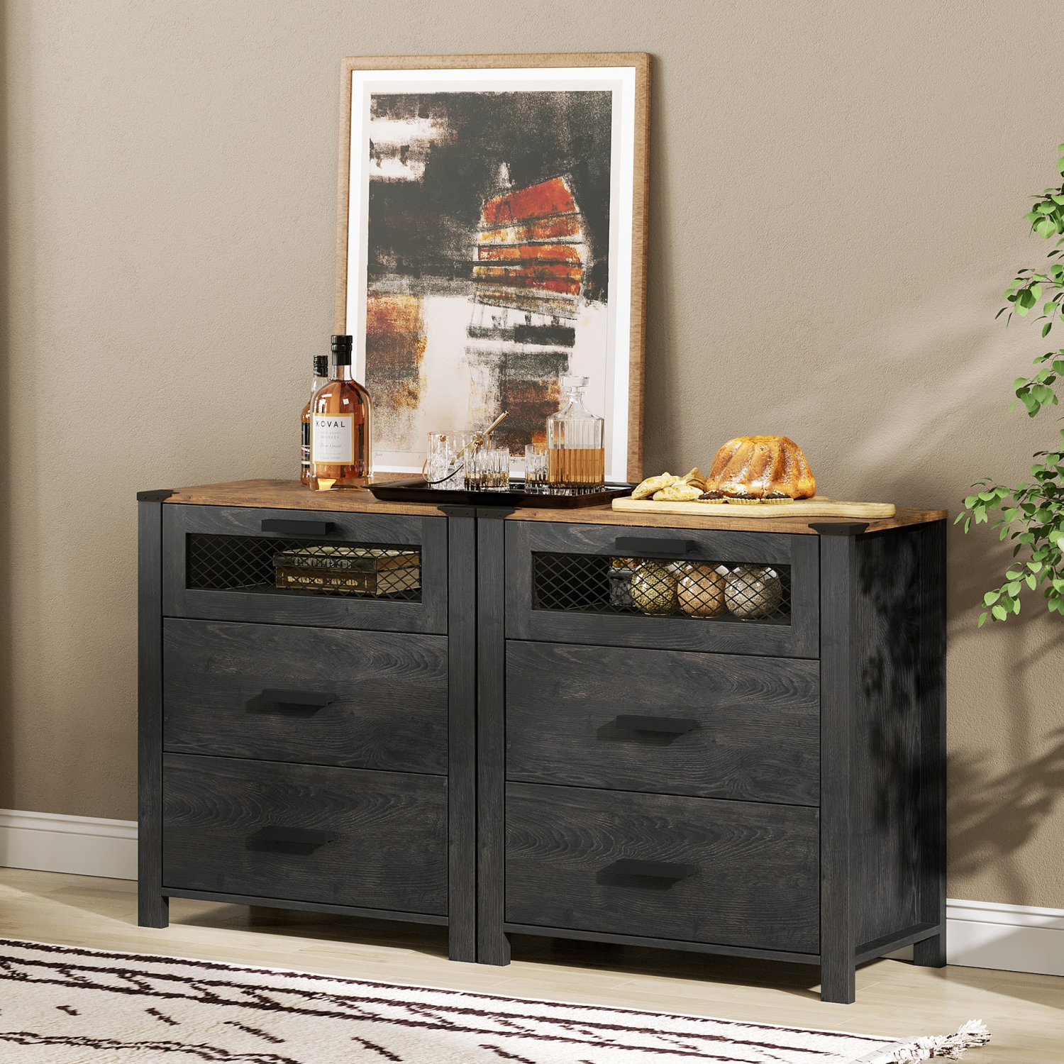 Ensemble de 2 tables de chevet WAMPAT avec tiroirs, table de chevet à 6 tiroirs pour chambre à coucher, tables de bout avec commode pour salon, noyer