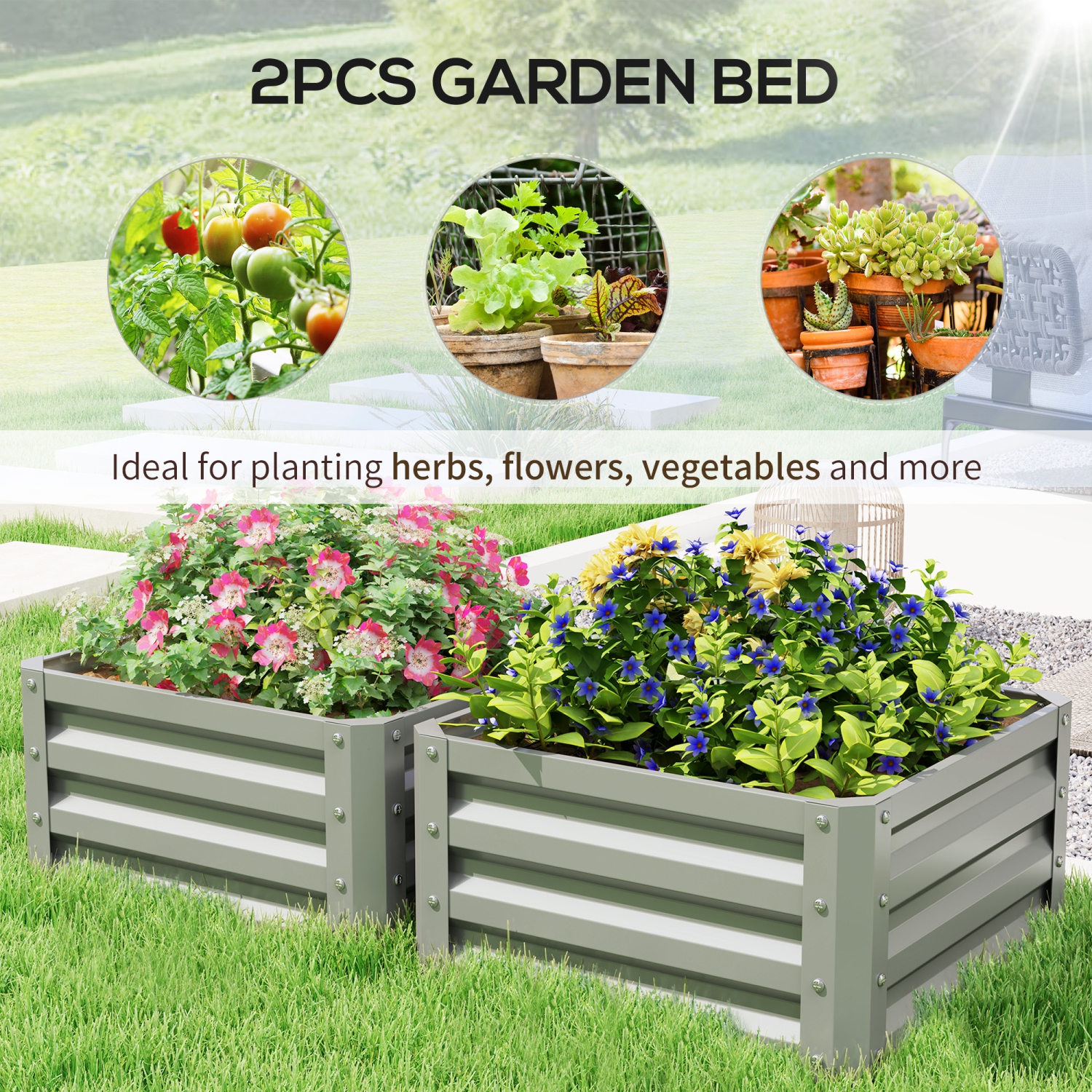 Outsunny 2' x 2' x 1' 2-Pieces Raised Garden Bed with Galvanised Steel Frame for Vegetables, Flowers, Herbs, Light Grey