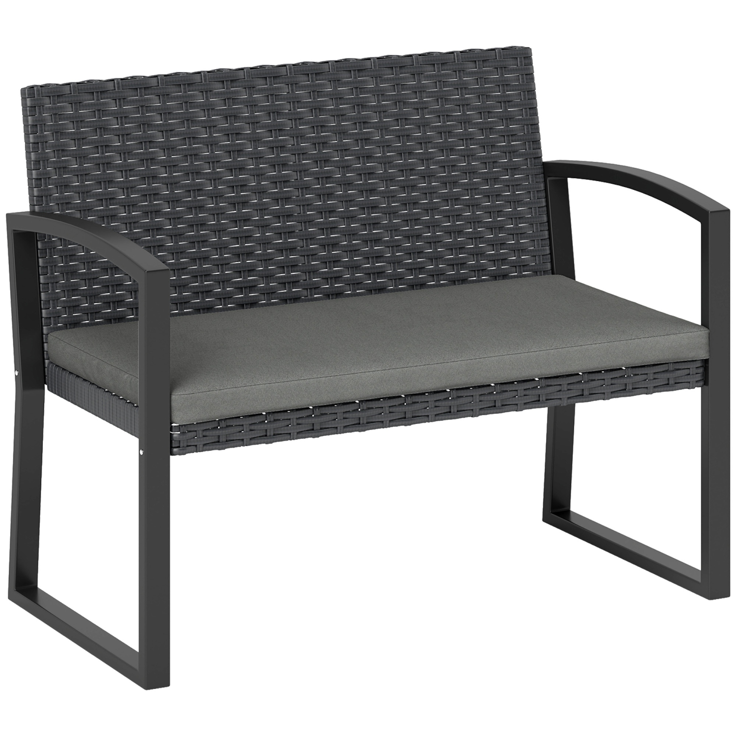Outsunny 2 Seater Wicker Outdoor Bench, 37.4" Rattan Garden Bench with Cushion, Outdoor Loveseat with Armrests, Galvanised Steel Frame for Patio, Porch, Backyard, Light Grey