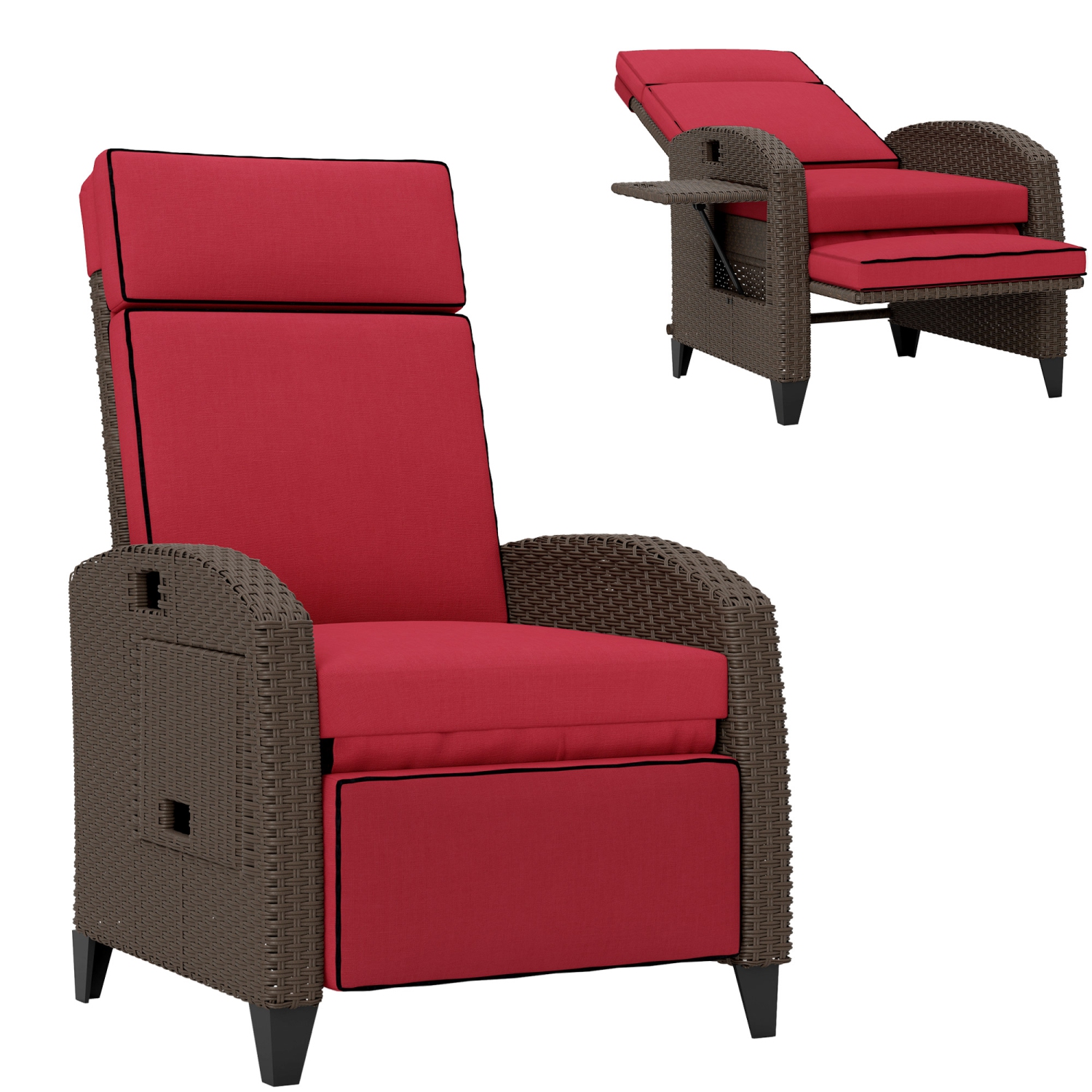 Fauteuil inclinable extérieur Outsunny avec coussin, chaise longue de patio inclinable en osier de polyéthylène avec repose-pieds réglable,