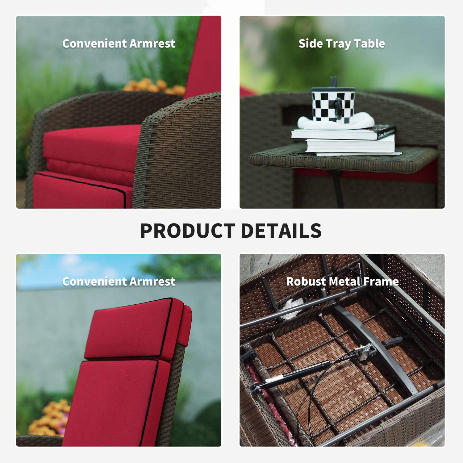 Fauteuil inclinable extérieur Outsunny avec coussin, chaise longue de patio inclinable en osier de polyéthylène avec repose-pieds réglable,