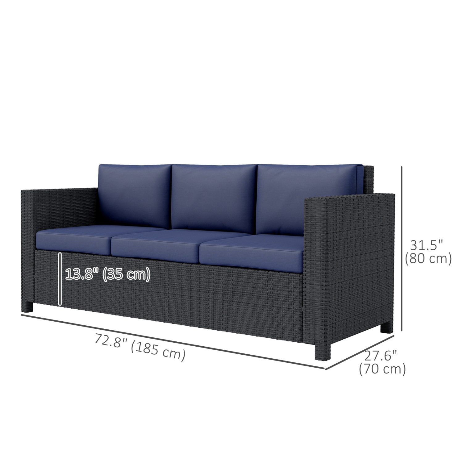 Outsunny Deluxe – Canapé de jardin en osier de rotin, 3 places, mobilier de jardin extérieur avec coussin, bleu marine