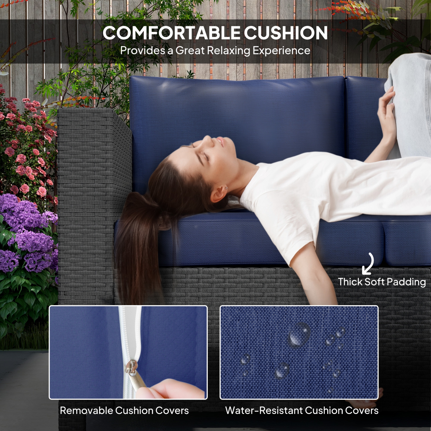 Outsunny Deluxe – Canapé de jardin en osier de rotin, 3 places, mobilier de jardin extérieur avec coussin, bleu marine