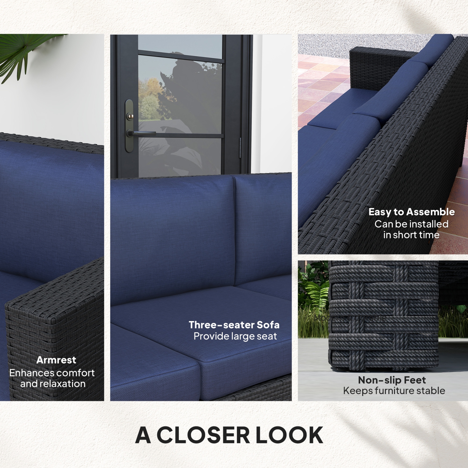 Outsunny Deluxe – Canapé de jardin en osier de rotin, 3 places, mobilier de jardin extérieur avec coussin, bleu marine