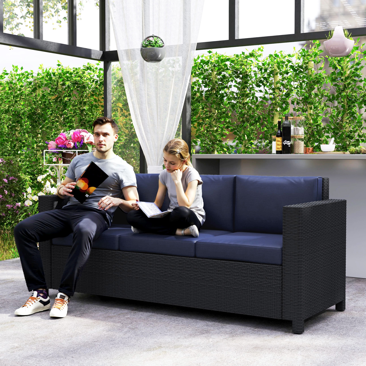 Outsunny Deluxe – Canapé de jardin en osier de rotin, 3 places, mobilier de jardin extérieur avec coussin, bleu marine