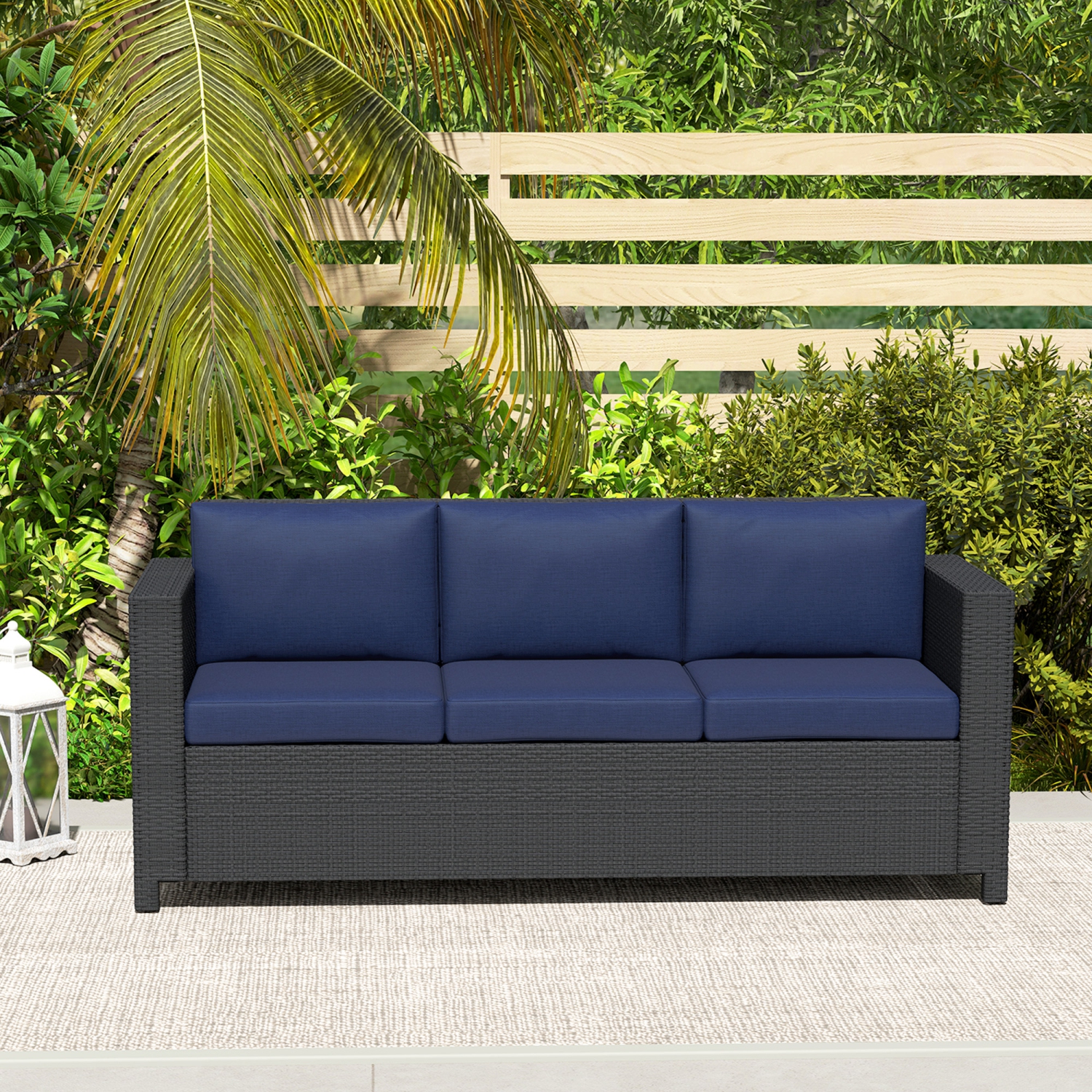Outsunny Deluxe – Canapé de jardin en osier de rotin, 3 places, mobilier de jardin extérieur avec coussin, bleu marine