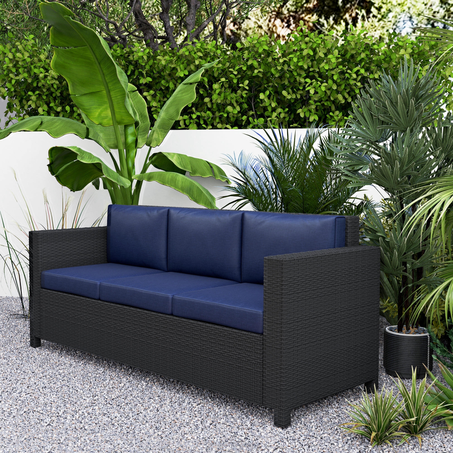 Outsunny Deluxe – Canapé de jardin en osier de rotin, 3 places, mobilier de jardin extérieur avec coussin, bleu marine