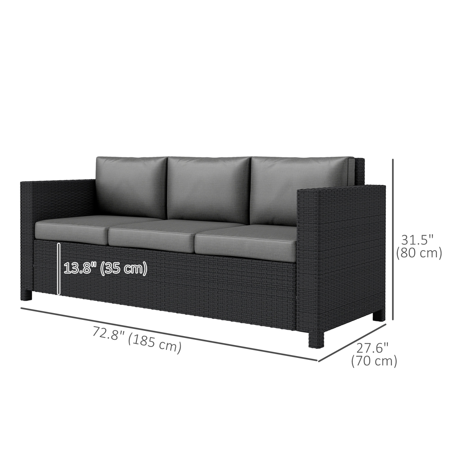 Outsunny Deluxe – Canapé de jardin en osier de rotin, 3 places, mobilier de jardin extérieur avec coussin, gris