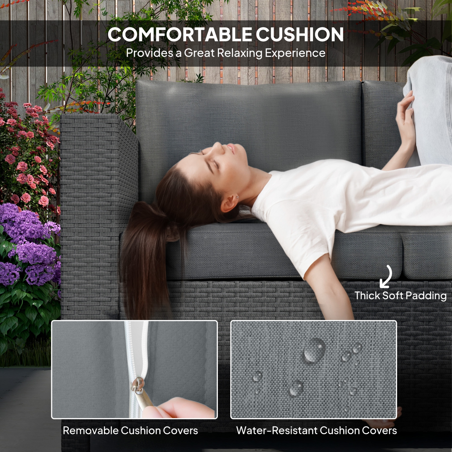 Outsunny Deluxe – Canapé de jardin en osier de rotin, 3 places, mobilier de jardin extérieur avec coussin, gris