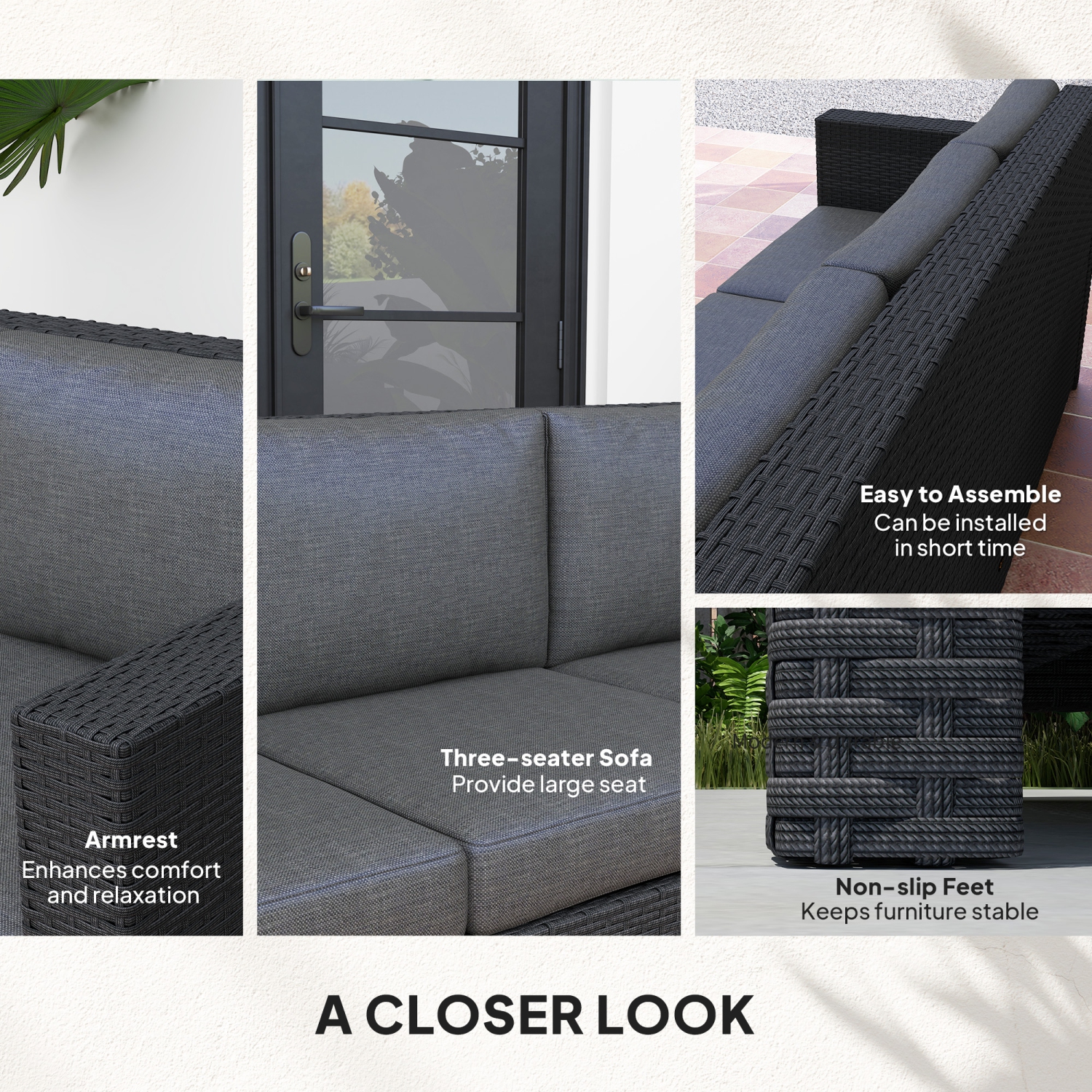 Outsunny Deluxe – Canapé de jardin en osier de rotin, 3 places, mobilier de jardin extérieur avec coussin, gris