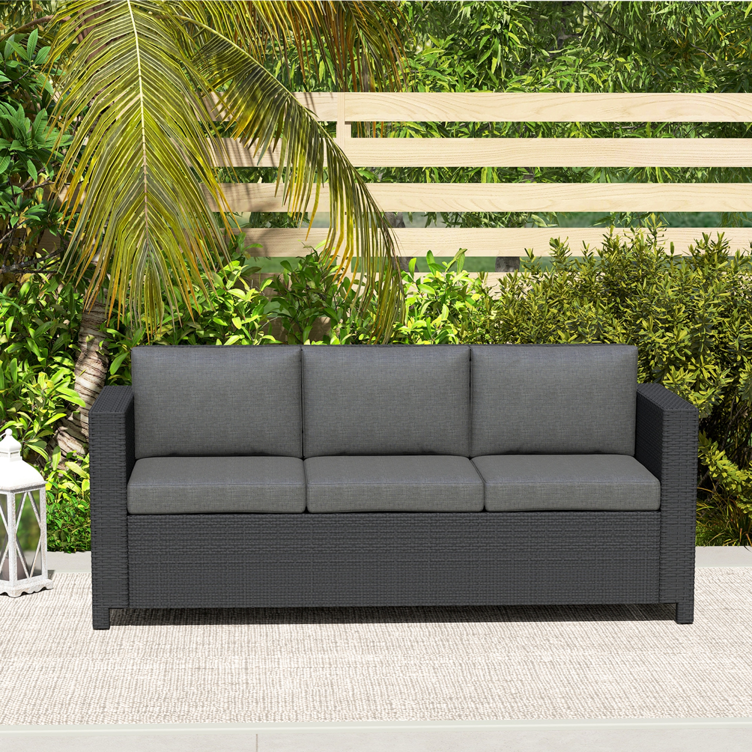 Outsunny Deluxe – Canapé de jardin en osier de rotin, 3 places, mobilier de jardin extérieur avec coussin, gris