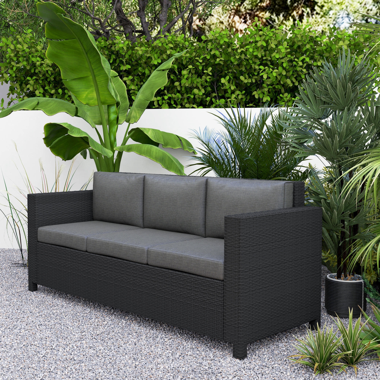 Outsunny Deluxe – Canapé de jardin en osier de rotin, 3 places, mobilier de jardin extérieur avec coussin, gris