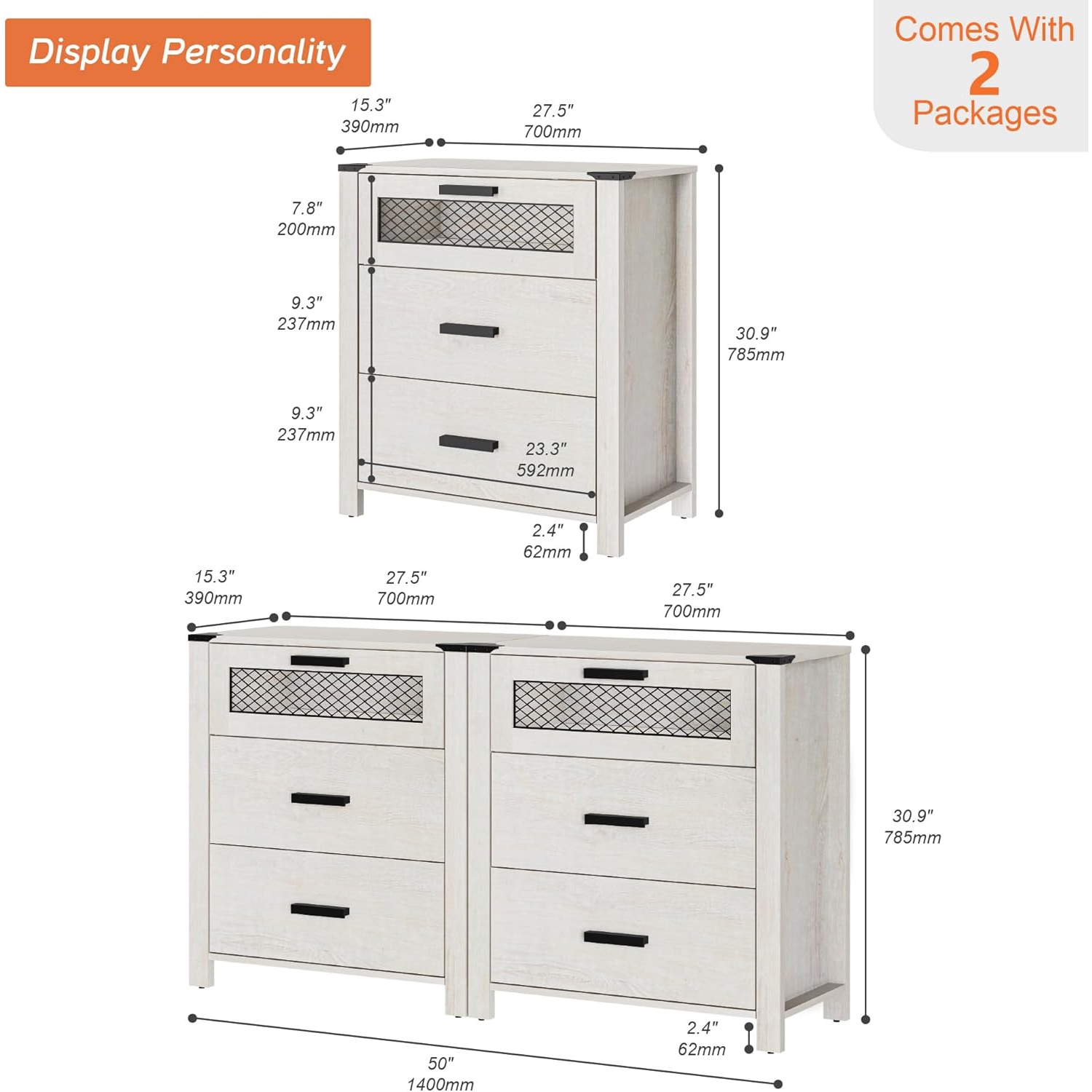 WAMPAT Tall Nightstand Set of 2 with Drawers,6 Drawer Bedside Table for Bedroom,End Tables with Chest of Drawers for Living Room,Antique White