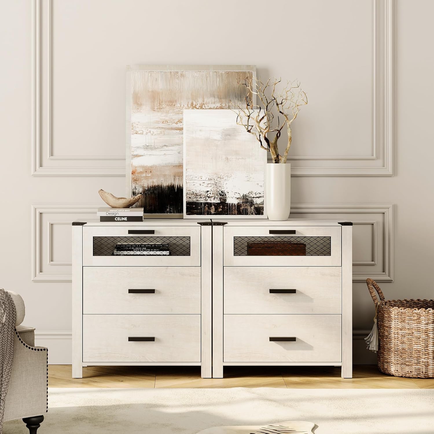 WAMPAT Tall Nightstand Set of 2 with Drawers,6 Drawer Bedside Table for Bedroom,End Tables with Chest of Drawers for Living Room,Antique White