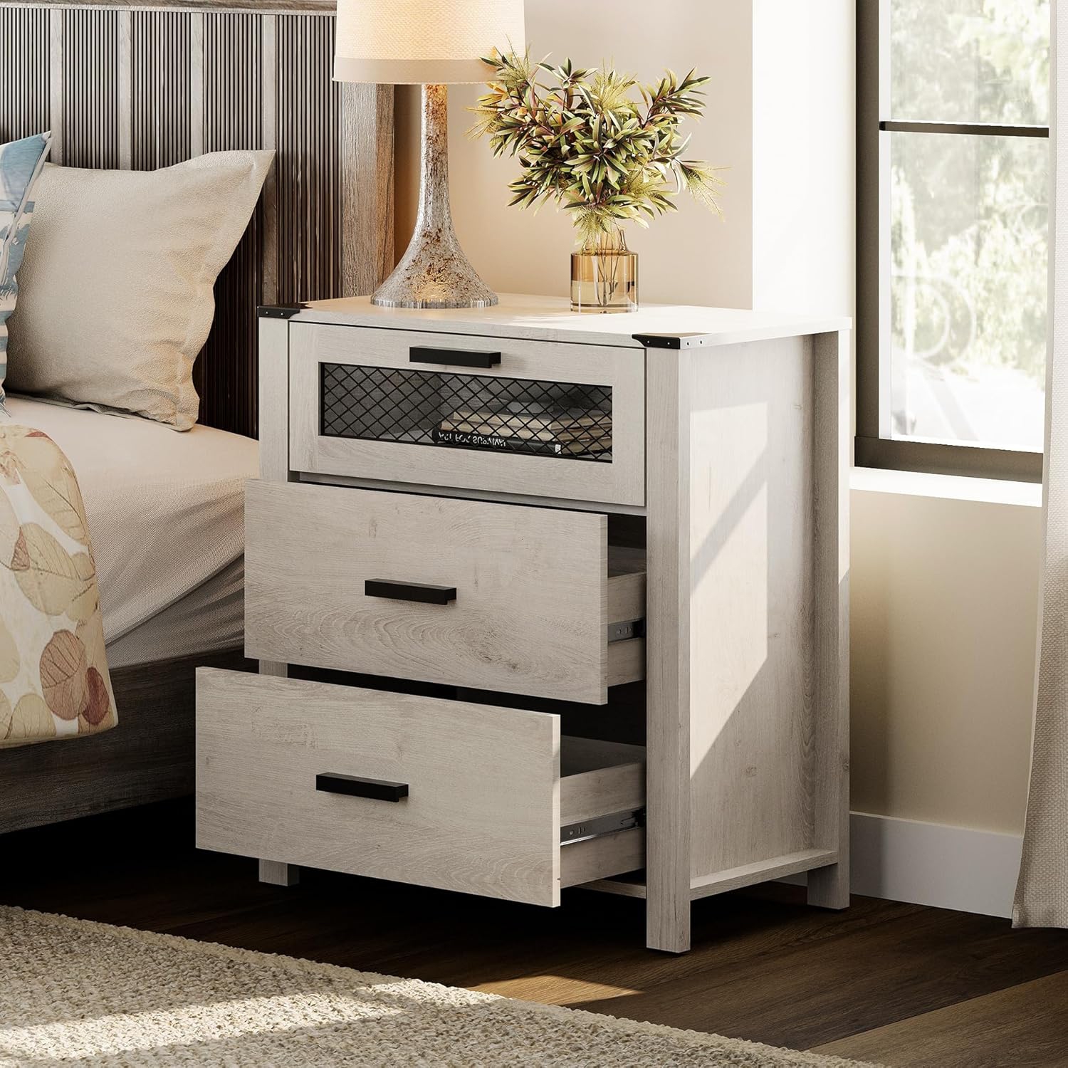 WAMPAT Tall Nightstand Set of 2 with Drawers,6 Drawer Bedside Table for Bedroom,End Tables with Chest of Drawers for Living Room,Antique White