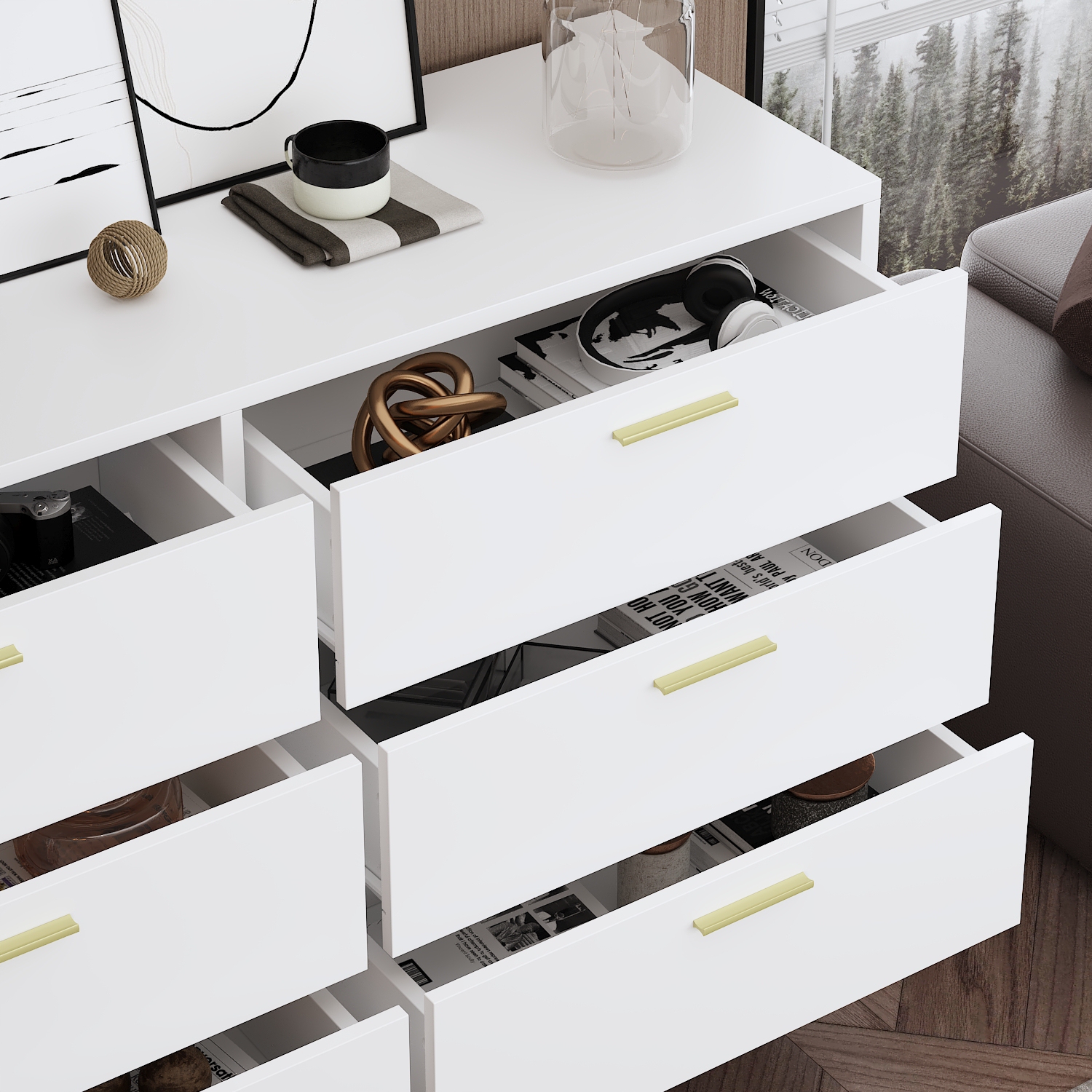 Homsee – Commode en bois à 6 tiroirs avec pattes en métal doré, commode de rangement moderne pour chambre, salon et couloir, blanc