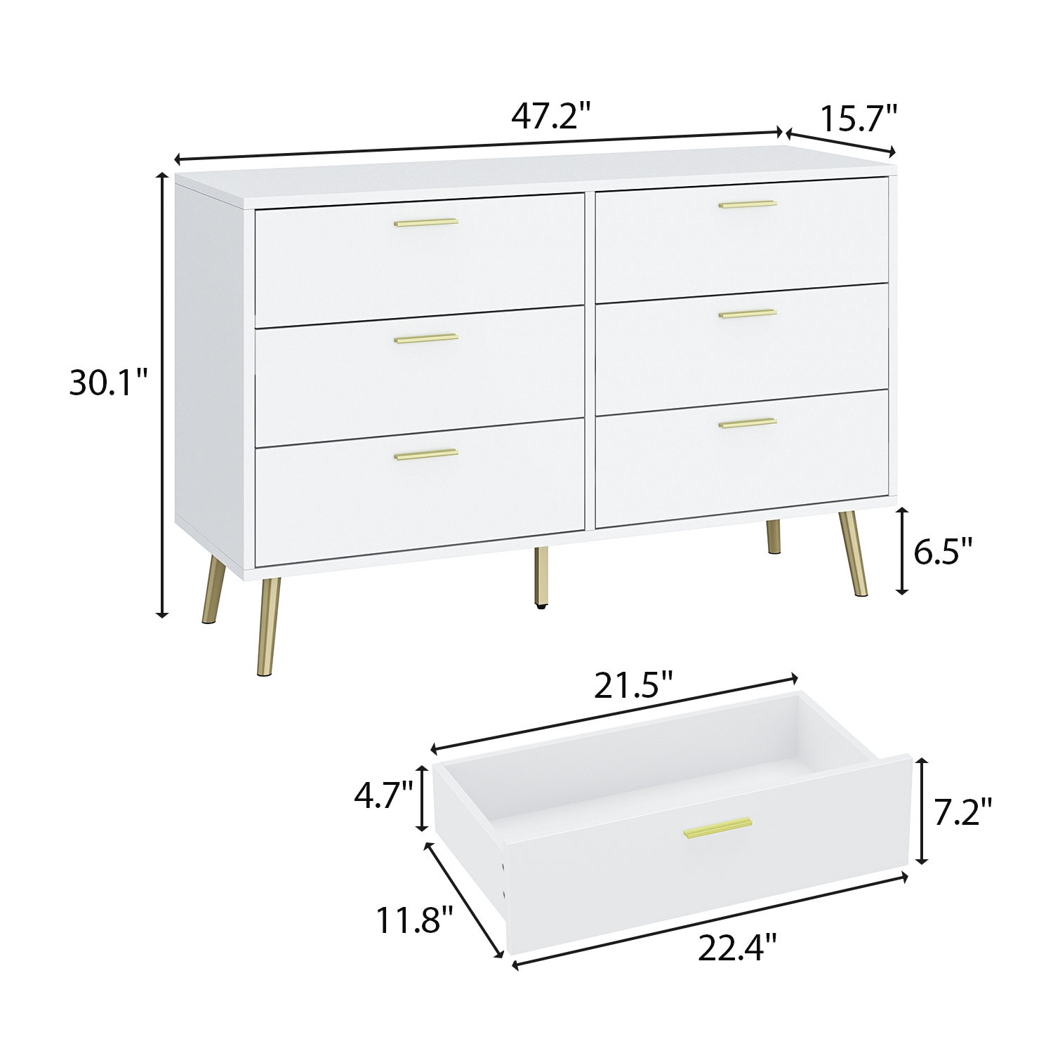 Homsee – Commode en bois à 6 tiroirs avec pattes en métal doré, commode de rangement moderne pour chambre, salon et couloir, blanc