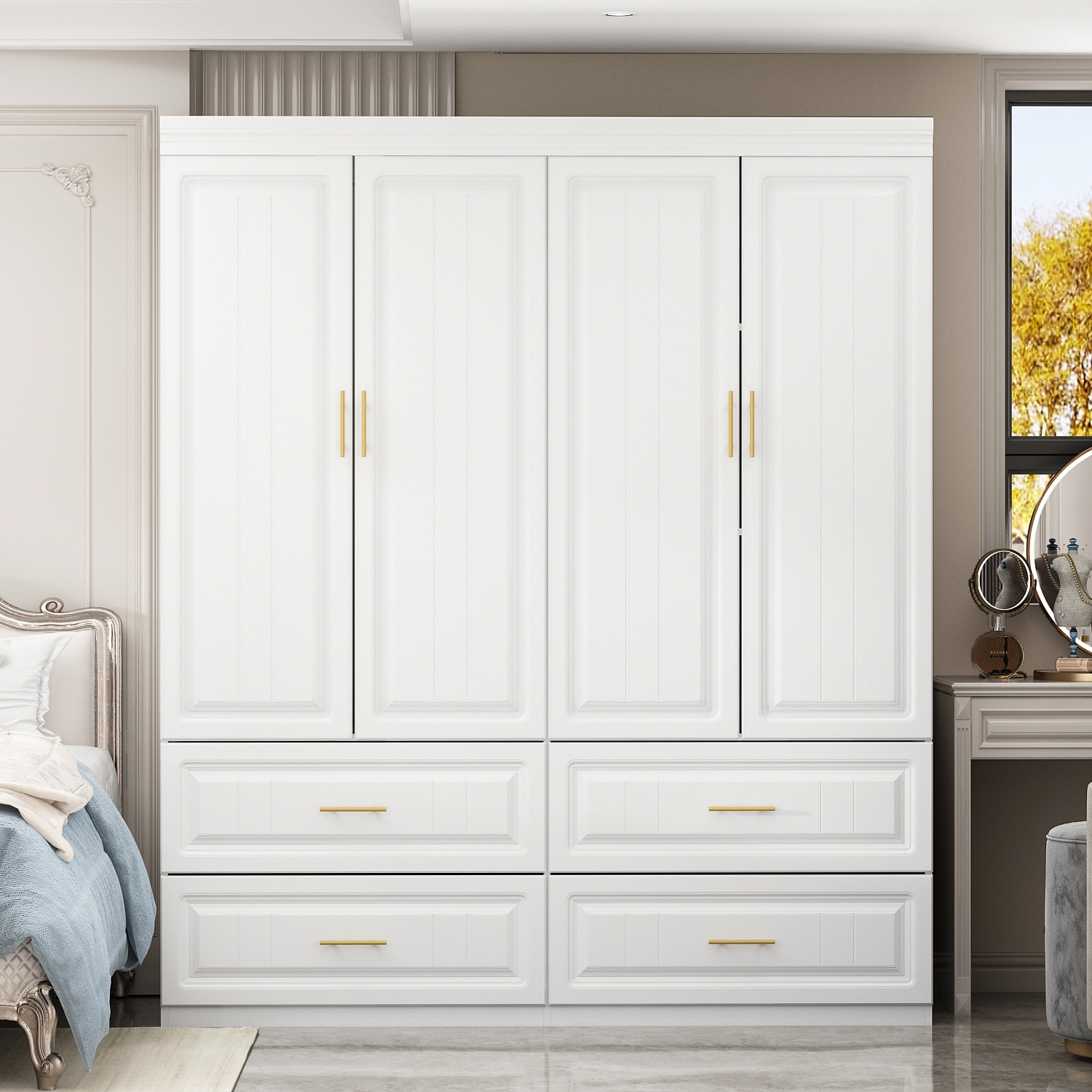 Homsee – Armoire spacieuse à 4 6 portes avec tablettes et tiroirs réglables, blanc