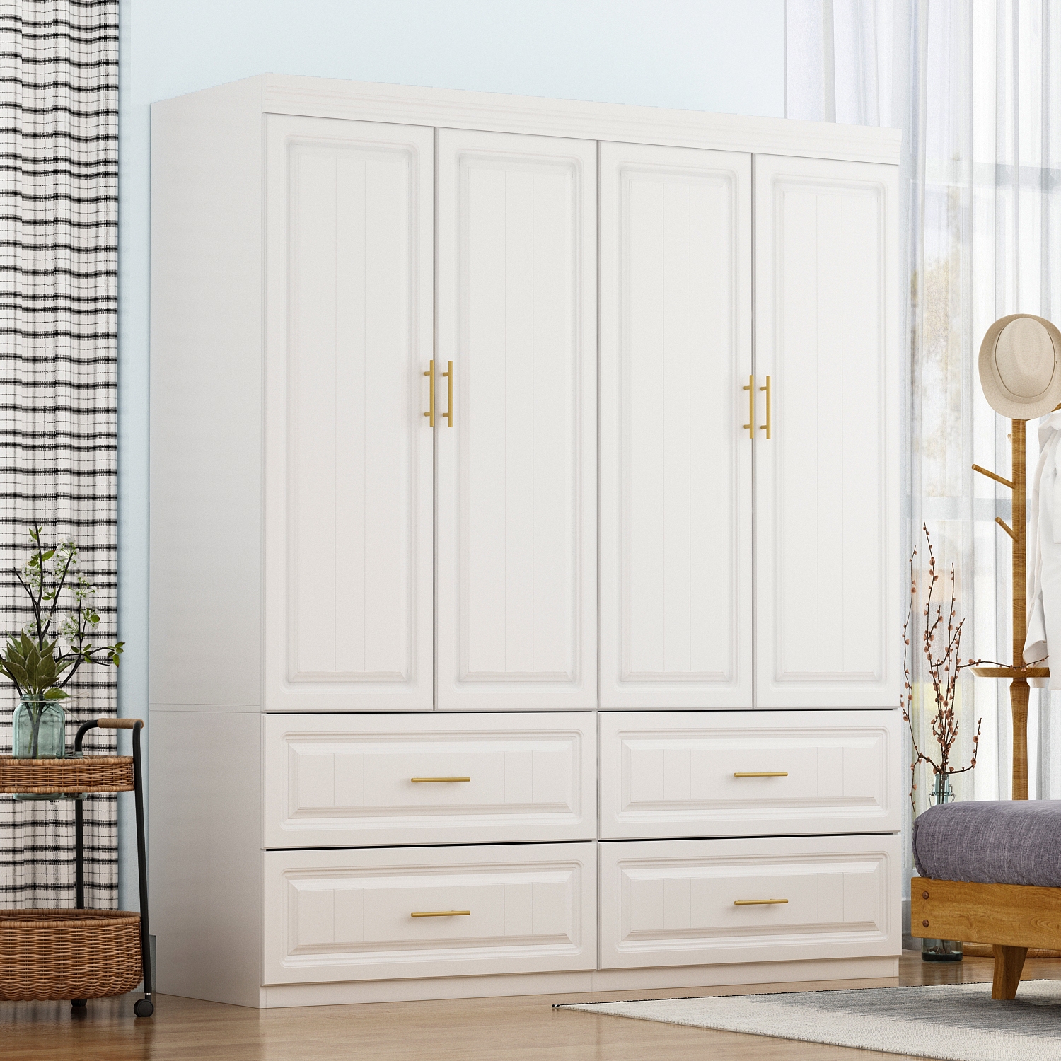Homsee – Armoire spacieuse à 4 6 portes avec tablettes et tiroirs réglables, blanc