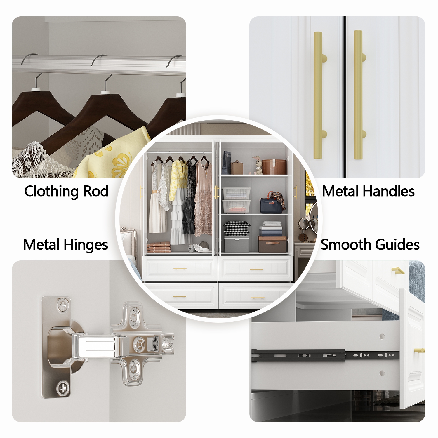 Homsee – Armoire spacieuse à 4 6 portes avec tablettes et tiroirs réglables, blanc