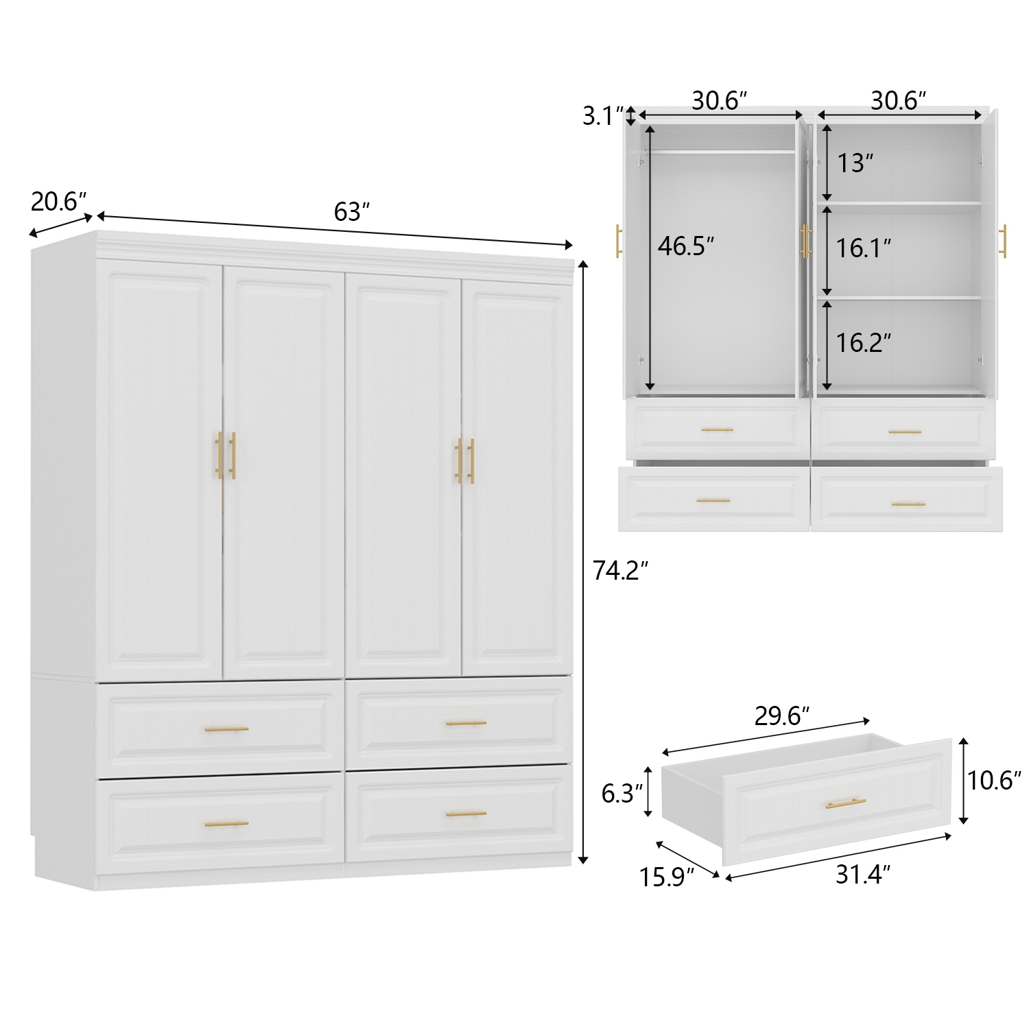 Homsee – Armoire spacieuse à 4 6 portes avec tablettes et tiroirs réglables, blanc
