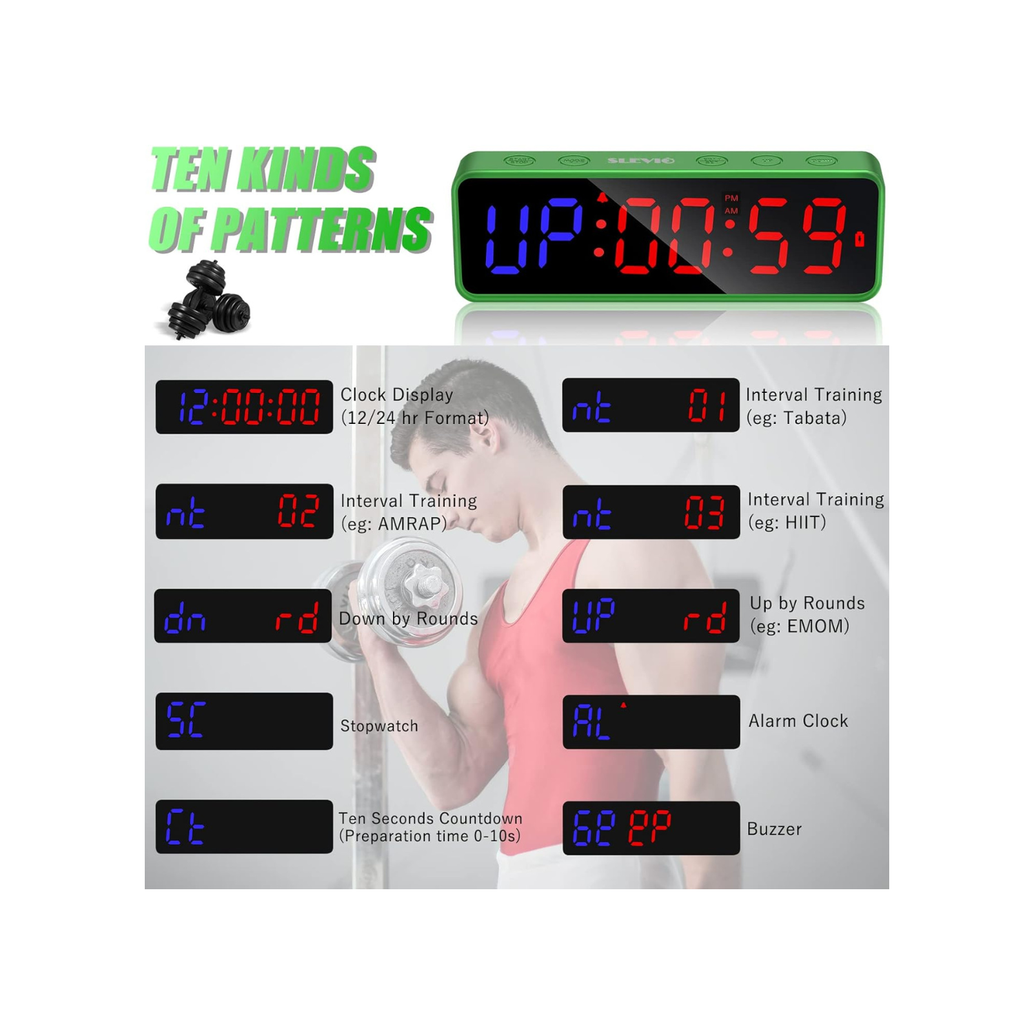 SLEVIO Portable Gym Timer, Fitness Timer Clock with Built-in Powerful Magnet, Large LED Digital Anti Vertigo Display, Home Gym Accessories Upgraded