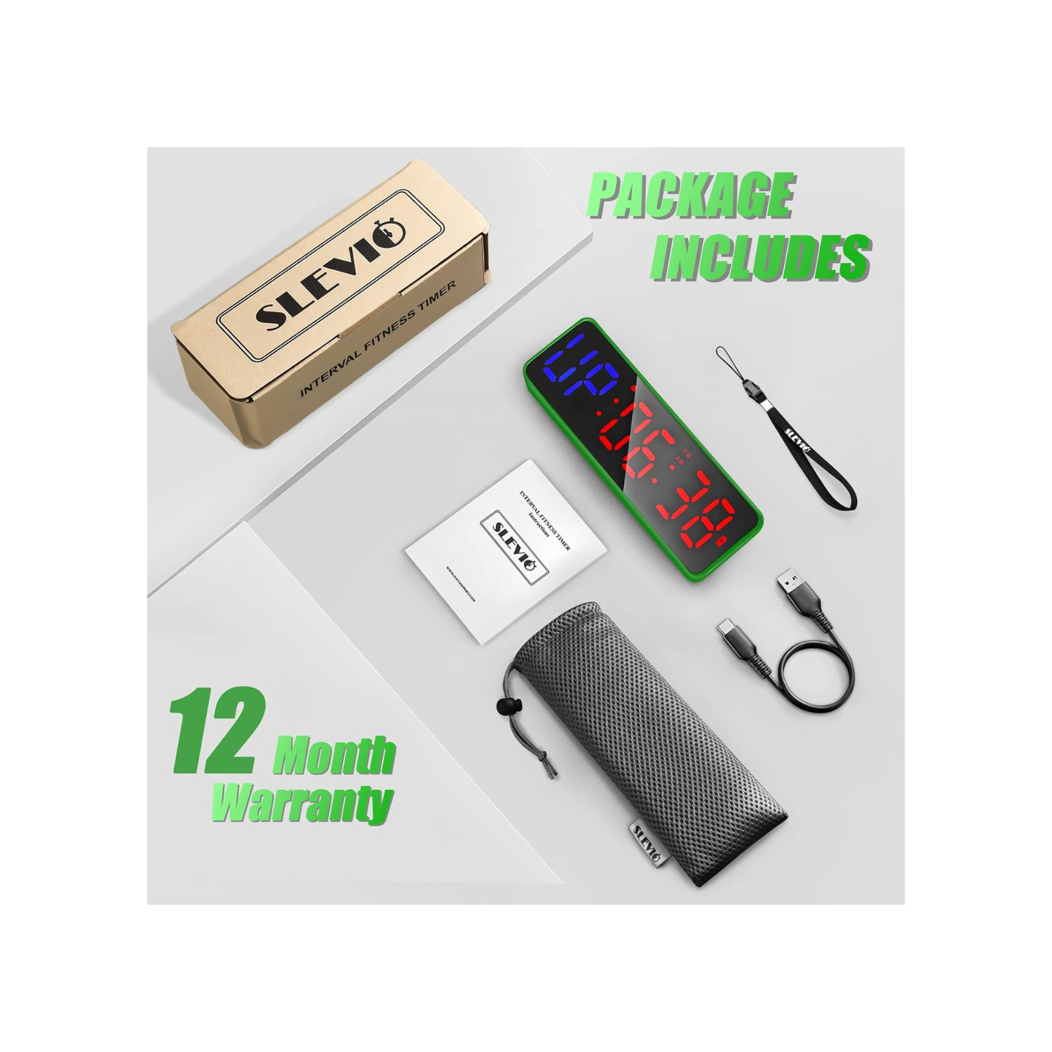 SLEVIO Portable Gym Timer, Fitness Timer Clock with Built-in Powerful Magnet, Large LED Digital Anti Vertigo Display, Home Gym Accessories Upgraded