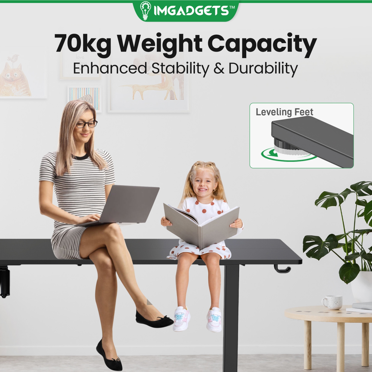 IMGadgets Standing Electric Adjustable Desk | 55'' x 24'' Large Workspace with 2 hooks | Ergonomic Sit-Stand Desk | 3-Memory Settings | Height