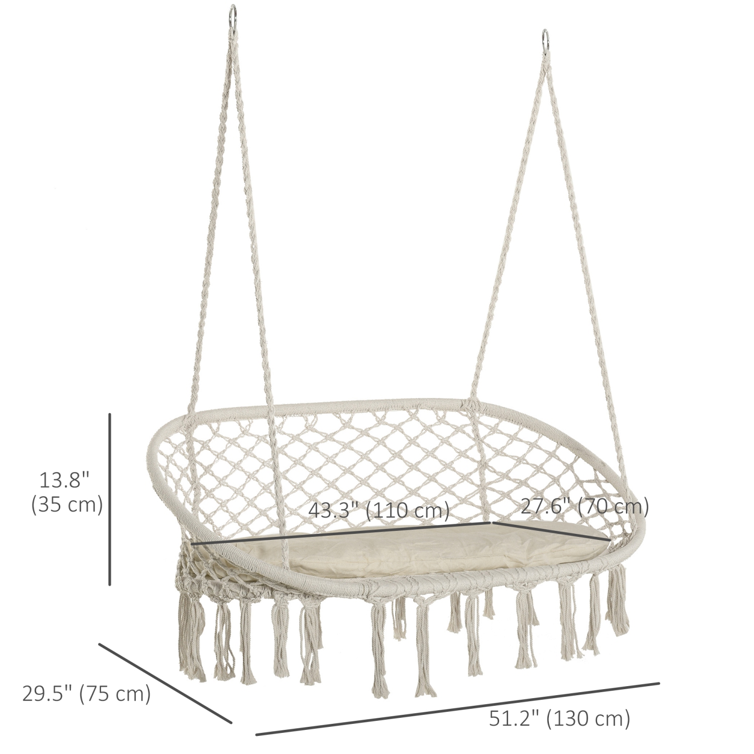 Chaise hamac de patio Outsunny, 2 places, chaise berçante en corde suspendue avec cadre et coussin en métal, grand siège en macrame pour 396 lb