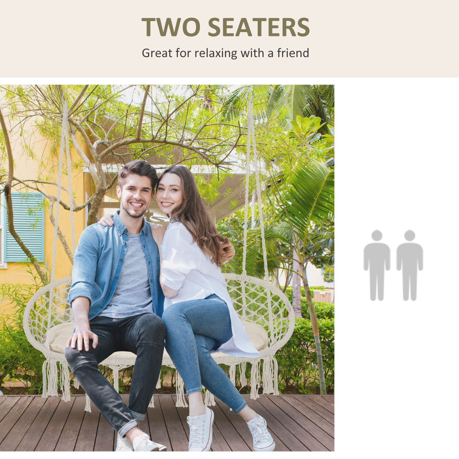 Chaise hamac de patio Outsunny, 2 places, chaise berçante en corde suspendue avec cadre et coussin en métal, grand siège en macrame pour 396 lb