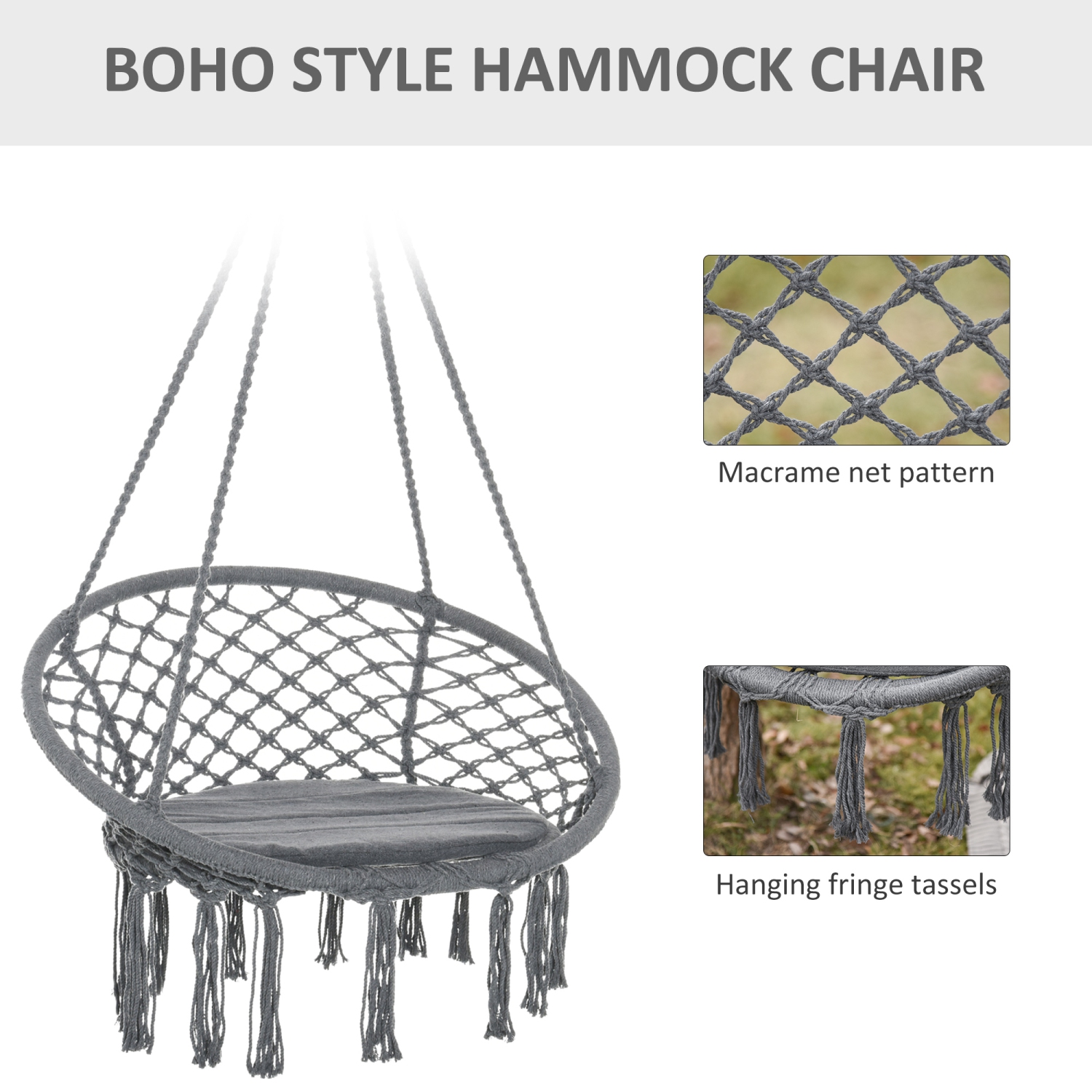 Chaise-hamac de patio Outsunny, balancelle-hamac suspendue en corde pour l'intérieur et l'extérieur avec dossier, mélange de coton-polyester,