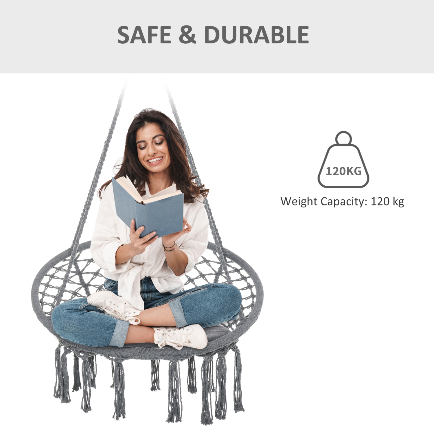 Chaise-hamac de patio Outsunny, balancelle-hamac suspendue en corde pour l'intérieur et l'extérieur avec dossier, mélange de coton-polyester,