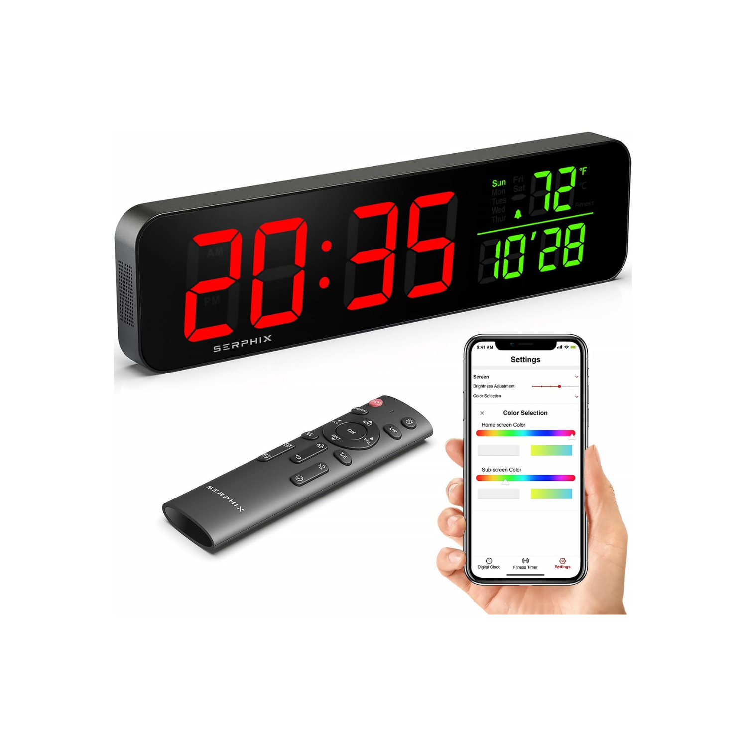 15.2" Gym Timer, App & Remote Control, Customizable LED Colors, Temperature, Date, Workout Interval Timer Stopwatch Countdown Large Digital Wall