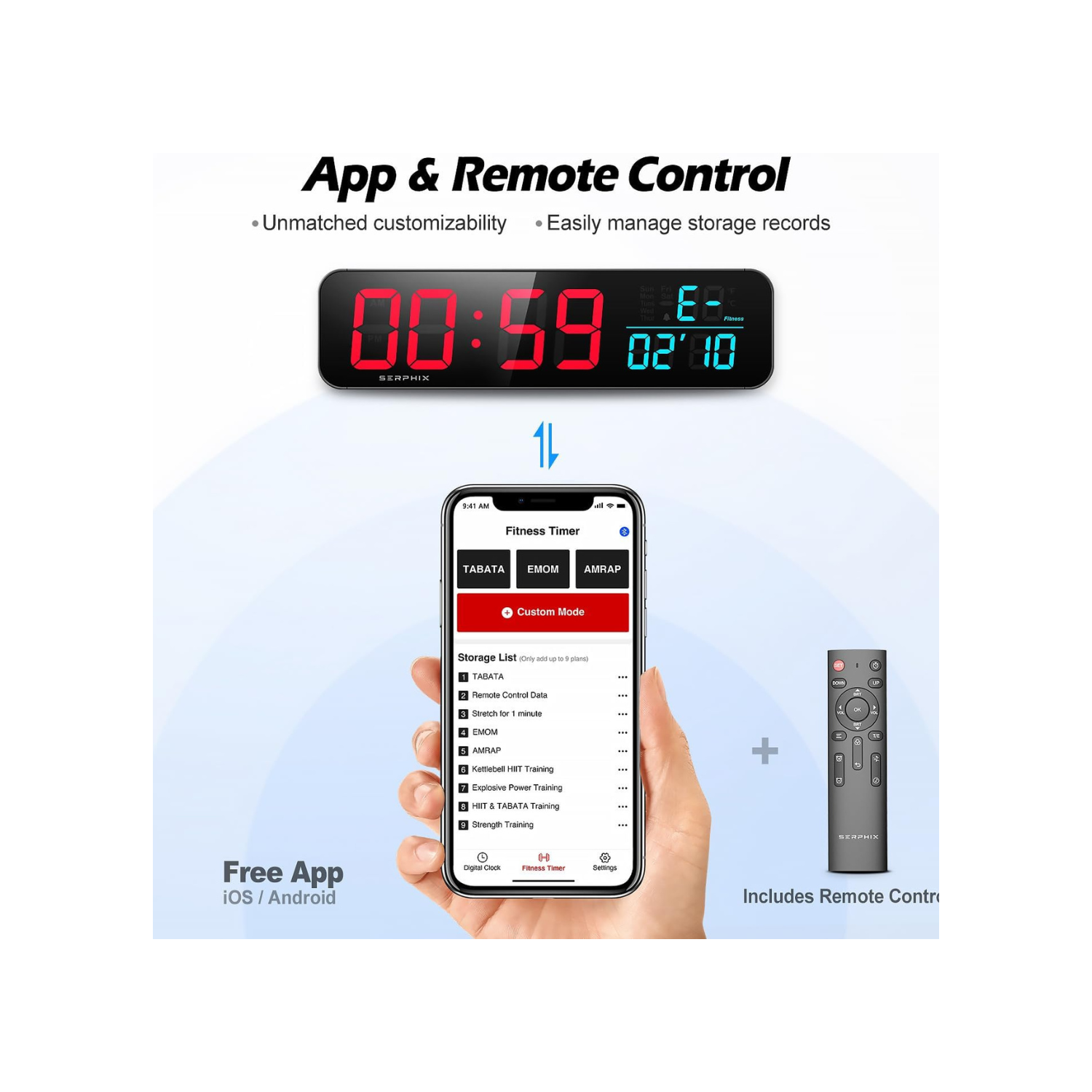 15.2" Gym Timer, App & Remote Control, Customizable LED Colors, Temperature, Date, Workout Interval Timer Stopwatch Countdown Large Digital Wall