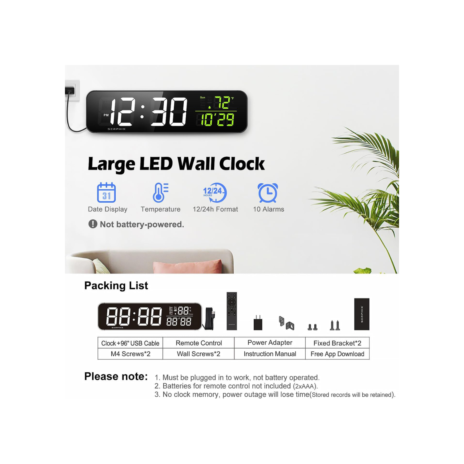 15.2" Gym Timer, App & Remote Control, Customizable LED Colors, Temperature, Date, Workout Interval Timer Stopwatch Countdown Large Digital Wall