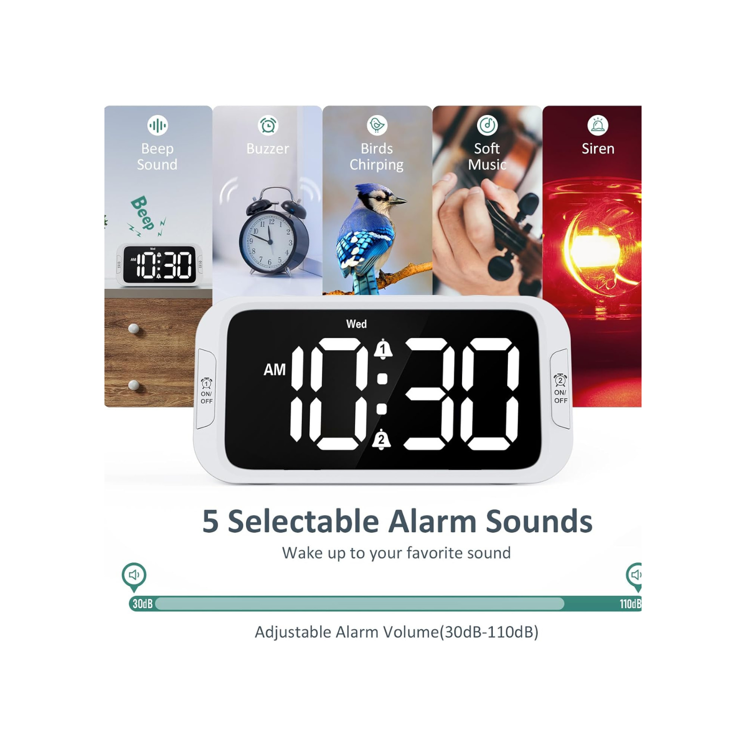 Odokee Digital Dual Alarm Clock for Bedroom, Easy to Set, 0-100% Dimmer, USB Charger, 5 Sounds Adjustable Volume, Weekday/Weekend Mode, Snooze,