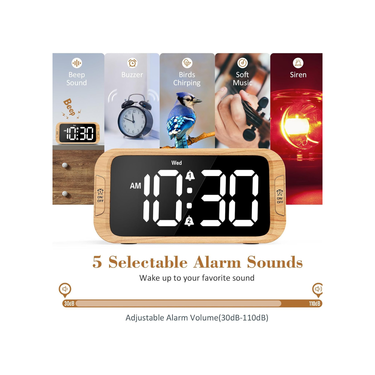 Odokee Digital Dual Alarm Clock for Bedroom, Easy to Set, 0-100% Dimmer, USB Charger, 5 Sounds Adjustable Volume, Weekday/Weekend Mode, Snooze,