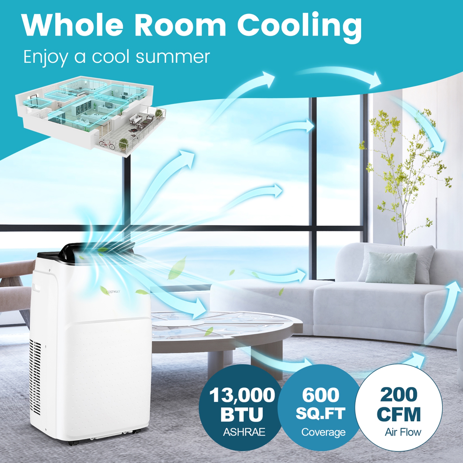 Costway 13,000 BTU Portable Air Conditioner, Smart WiFi Enabled AC with App & Voice Control, with Cool, Fan, Heat & Dehumidifier, Sleep Mode, 24H