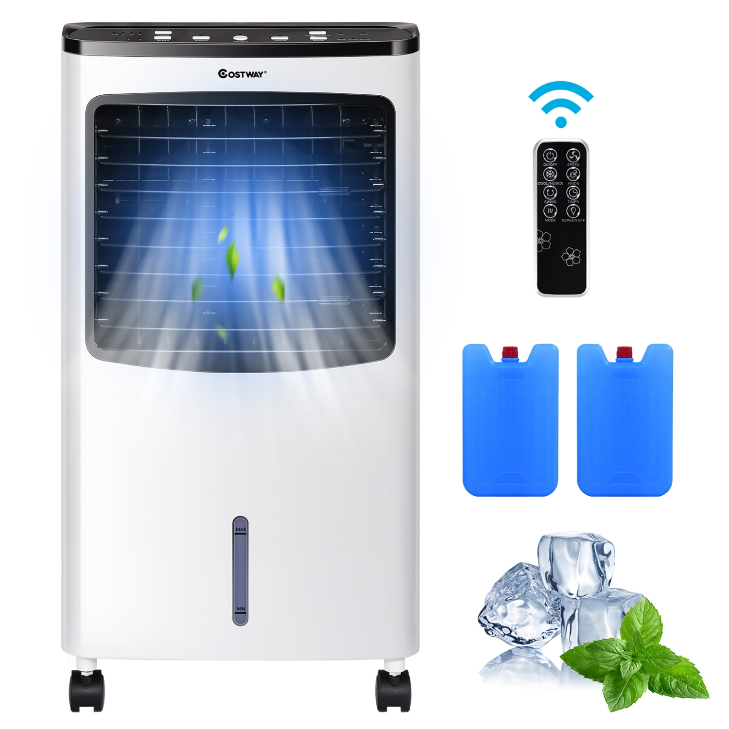 Costway Evaporative Cooler, Portable Cooling Fan with Remote Control, 3-Mode, 3-Speed and 7.5H Timer Function, Water Tank and Casters, Bladeless Air