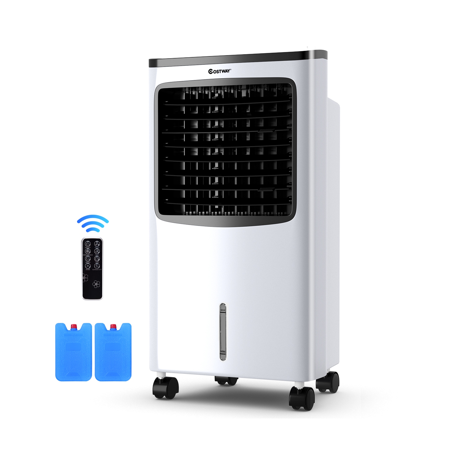 Costway Evaporative Cooler, Portable Cooling Fan with Remote Control, 3-Mode, 3-Speed and 7.5H Timer Function, Water Tank and Casters, Bladeless Air
