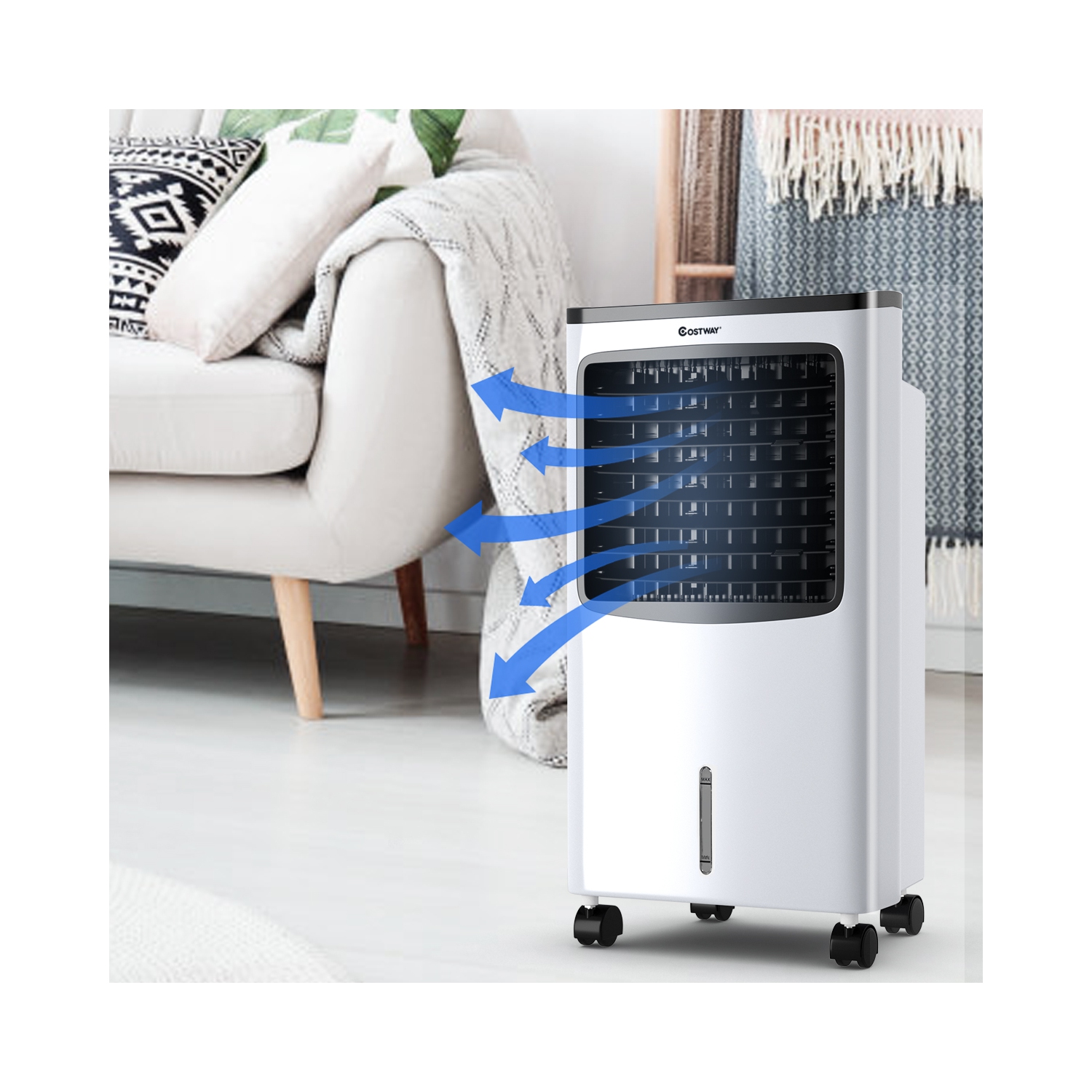Costway Evaporative Cooler, Portable Cooling Fan with Remote Control, 3-Mode, 3-Speed and 7.5H Timer Function, Water Tank and Casters, Bladeless Air