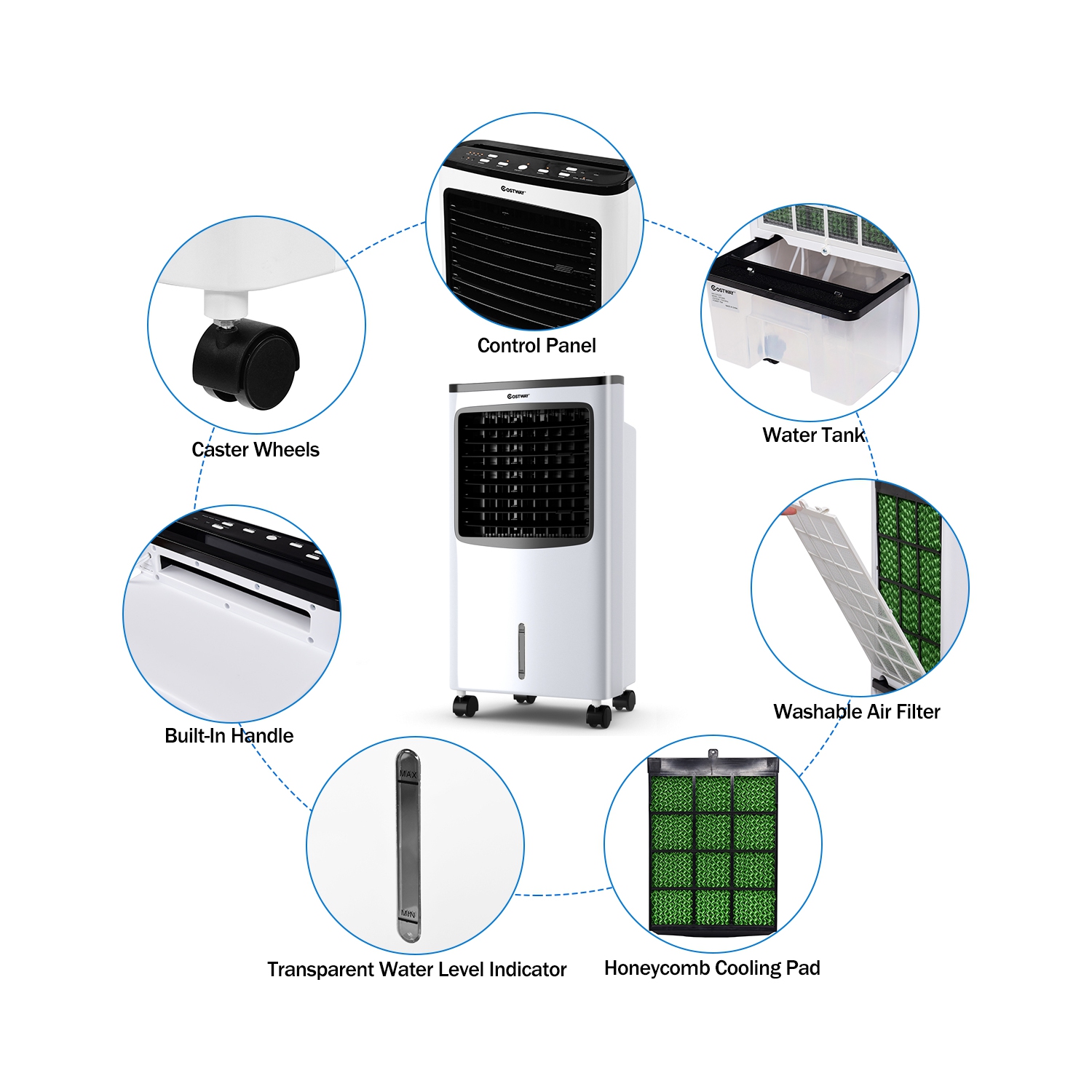 Costway Evaporative Cooler, Portable Cooling Fan with Remote Control, 3-Mode, 3-Speed and 7.5H Timer Function, Water Tank and Casters, Bladeless Air