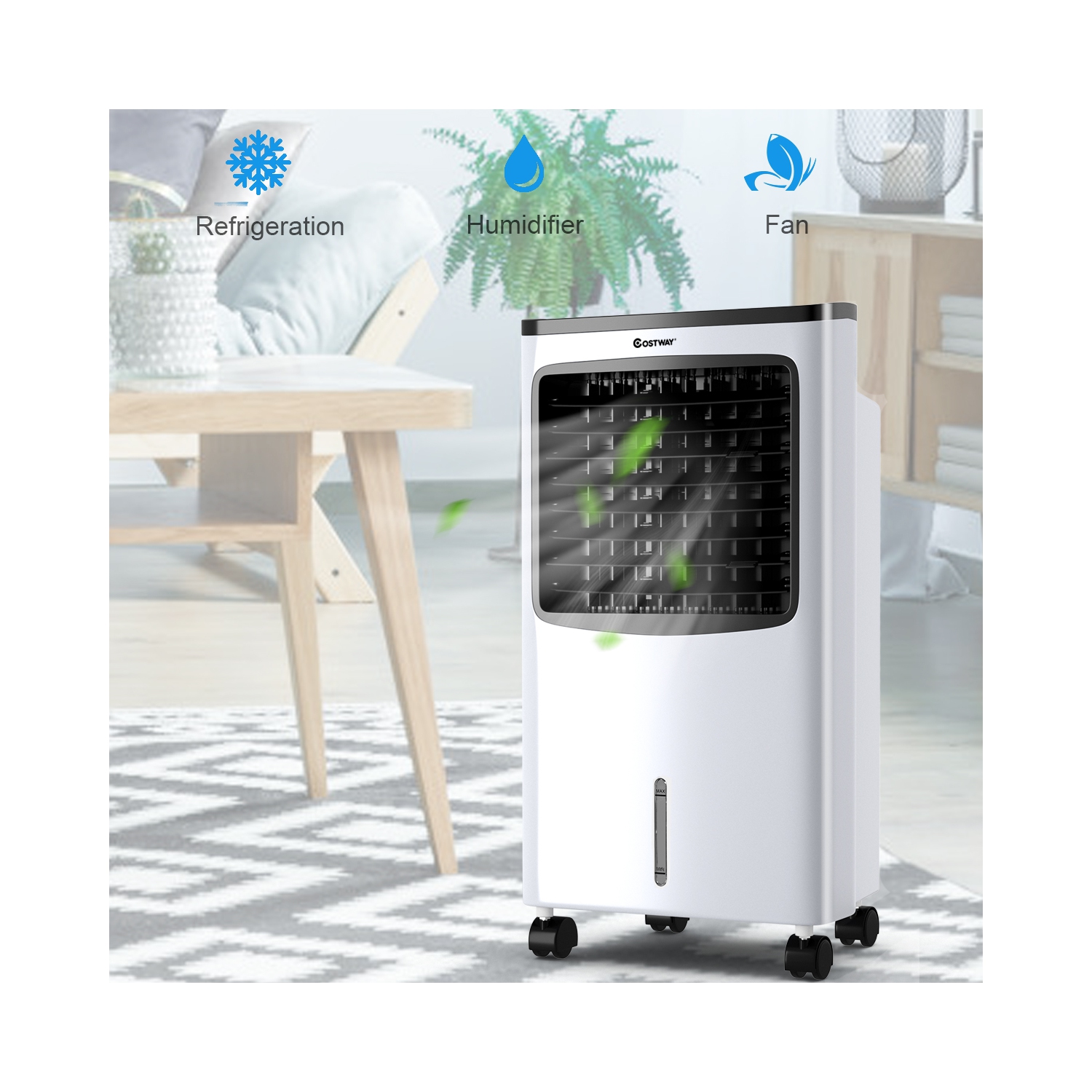 Costway Evaporative Cooler, Portable Cooling Fan with Remote Control, 3-Mode, 3-Speed and 7.5H Timer Function, Water Tank and Casters, Bladeless Air