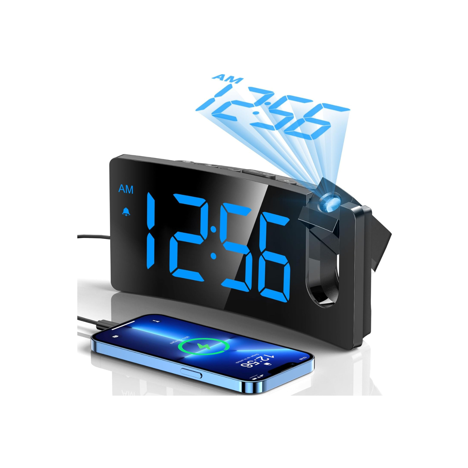 Projection Alarm Clock, Digital Clock with Modern Curved Design 180° Rotatable Projector, 3-Level Brightness Dimmer, Clear Blue LED Display,