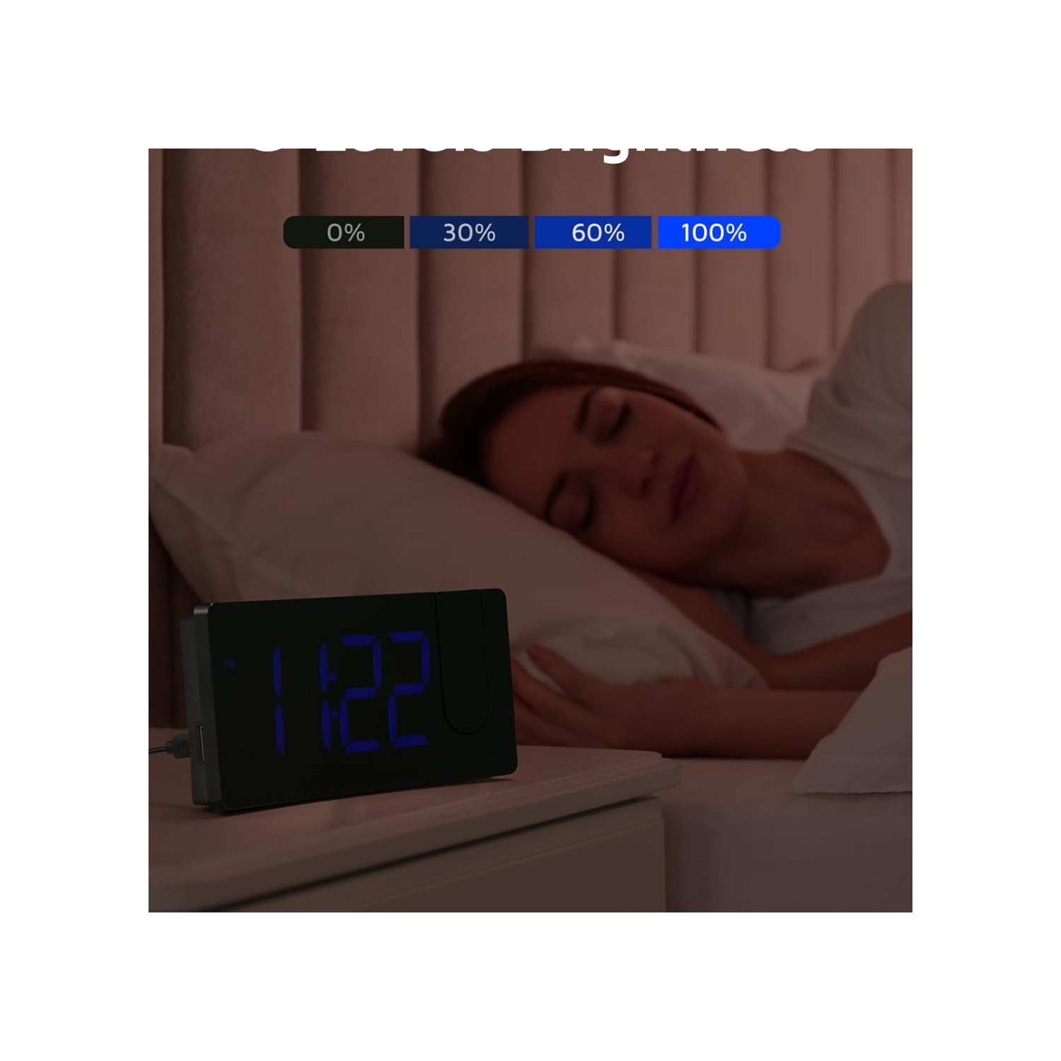 Projection Alarm Clock, Digital Clock with Modern Curved Design 180° Rotatable Projector, 3-Level Brightness Dimmer, Clear Blue LED Display,