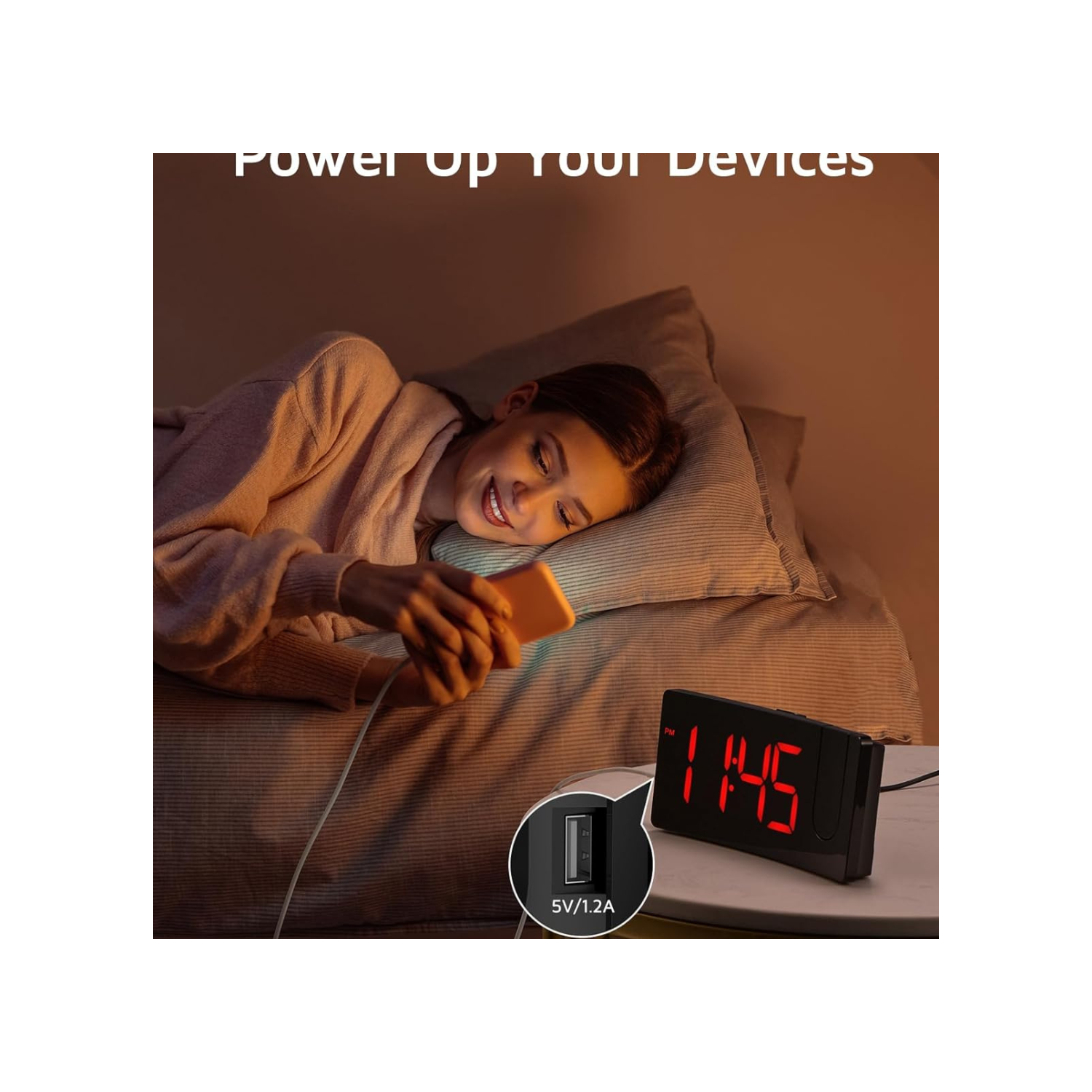 Projection Alarm Clock, Digital Clock with Modern Curved Design 180° Rotatable Projector, 3-Level Brightness Dimmer, Clear Blue LED Display,