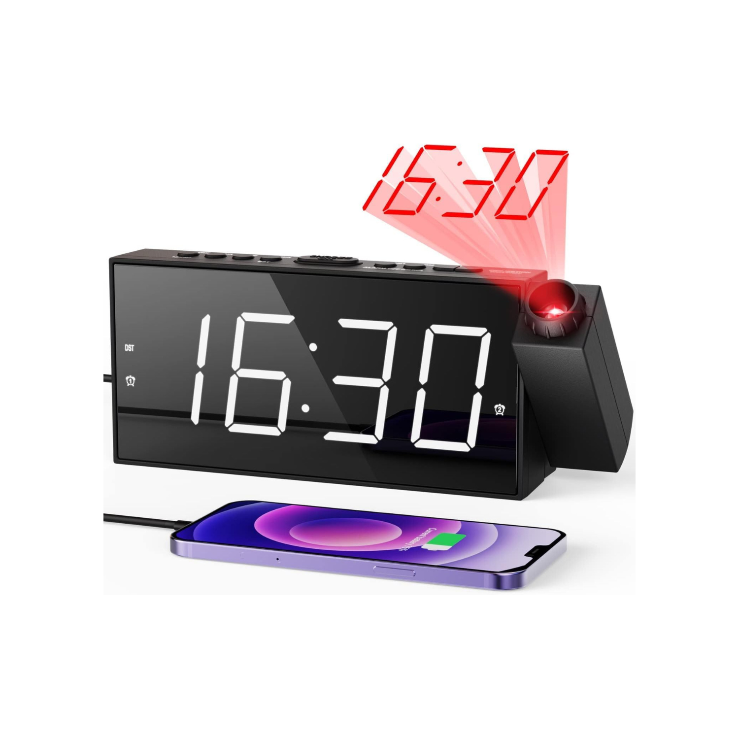 Projection Digital Alarm Clock on Ceiling Wall, LED Alarm Clock for Bedrooms with USB Charger Port, 350° Projector,Dimmer,12/24H & DST,Battery