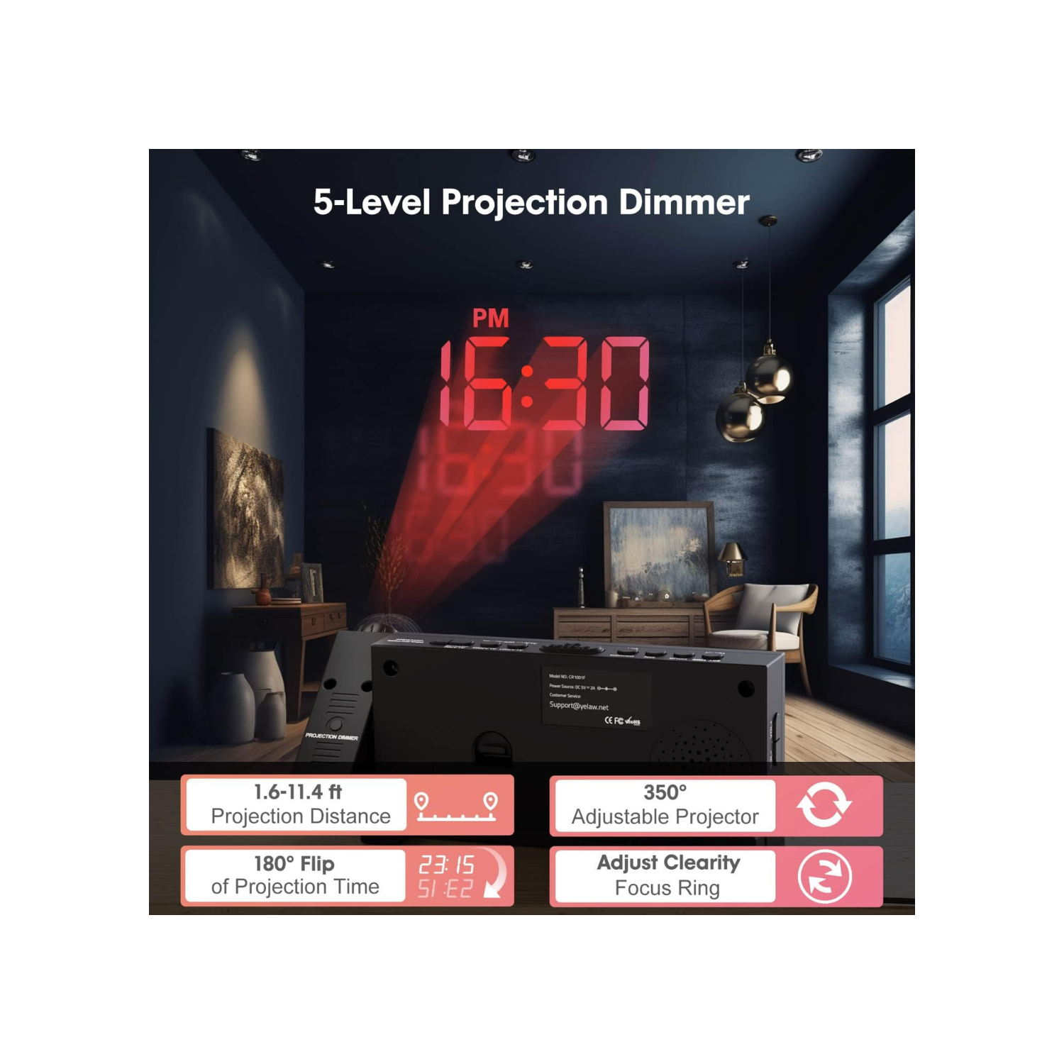 Projection Digital Alarm Clock on Ceiling Wall, LED Alarm Clock for Bedrooms with USB Charger Port, 350° Projector,Dimmer,12/24H & DST,Battery