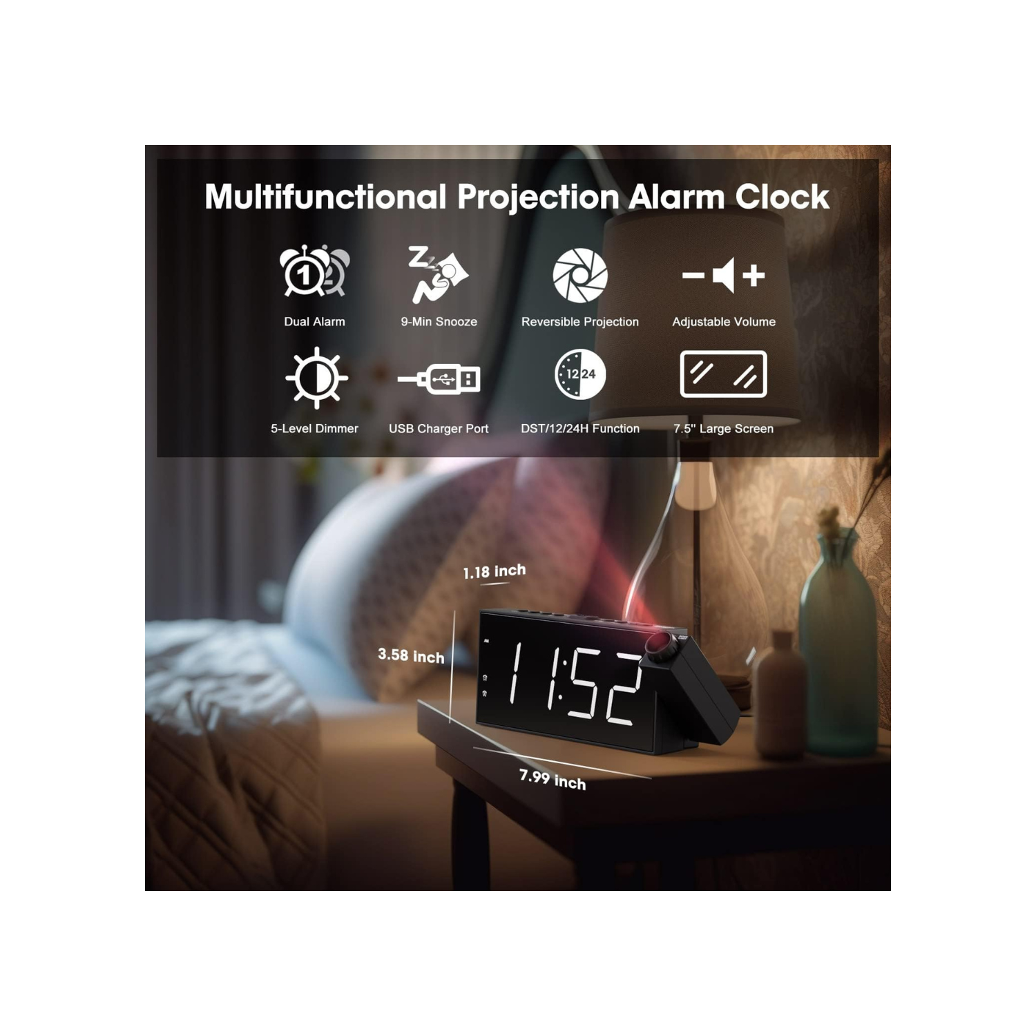 Projection Digital Alarm Clock on Ceiling Wall, LED Alarm Clock for Bedrooms with USB Charger Port, 350° Projector,Dimmer,12/24H & DST,Battery