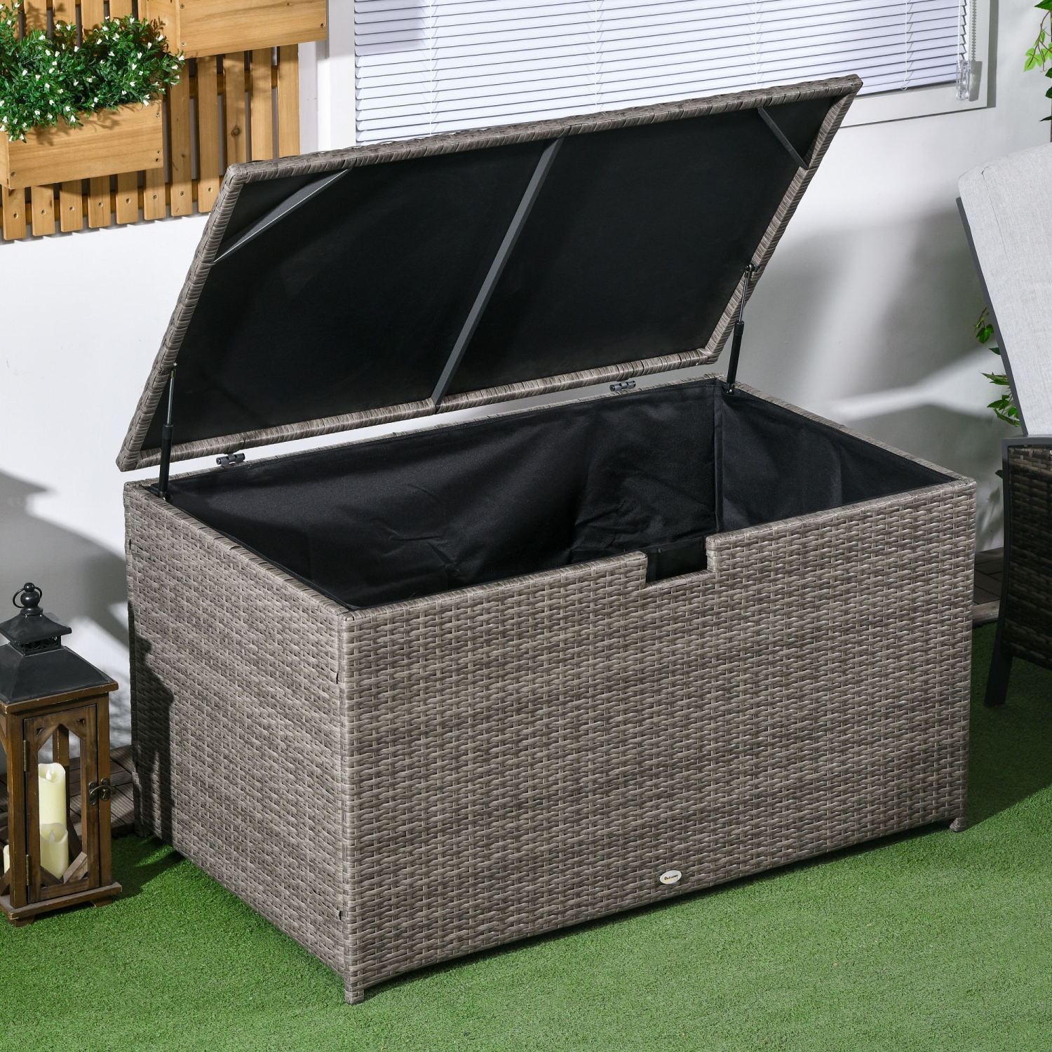 Outsunny Rattan Deck Box, Rattan 113 Gallon Outdoor Storage Box with Lid and Handle for Indoor, Patio Furniture Cushions, Pool and Garden Tools,